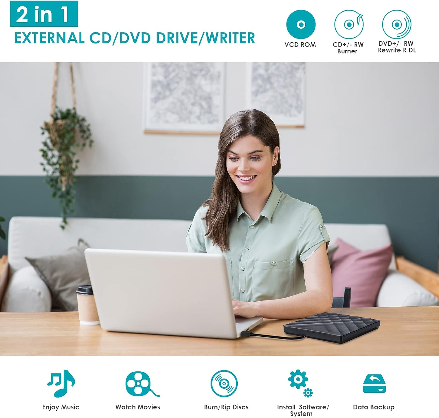 Gueray External CD DVD Drive for Laptop with USB 3.0 & Type-C Converter CD DVD Drive Portable CD DVD RW Reader Re-Writer Burner for Laptop Desktop PC Compatible with Windows Mac OS Vista Linux System (Rhombus shape)
