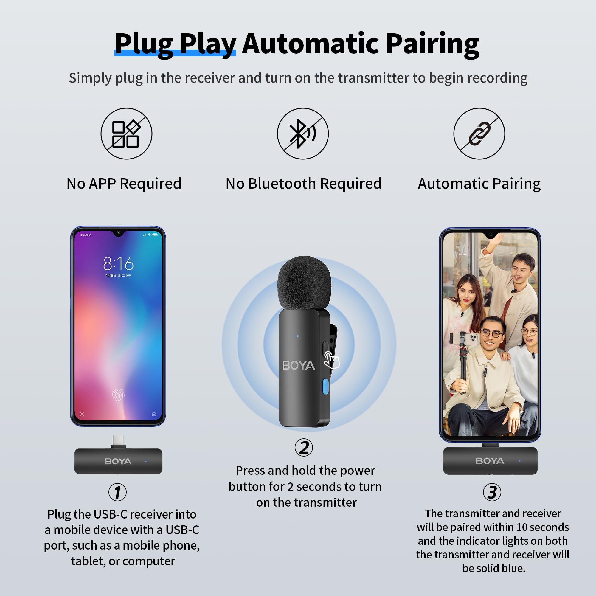 BOYA BY-V4U USB C Micrófono inalámbrico para Android, Mini micrófono Lavalier inalámbrico, 200 m de Alcance con cancelación de Ruido, para grabación de vídeo, podcasts, entrevistas.
