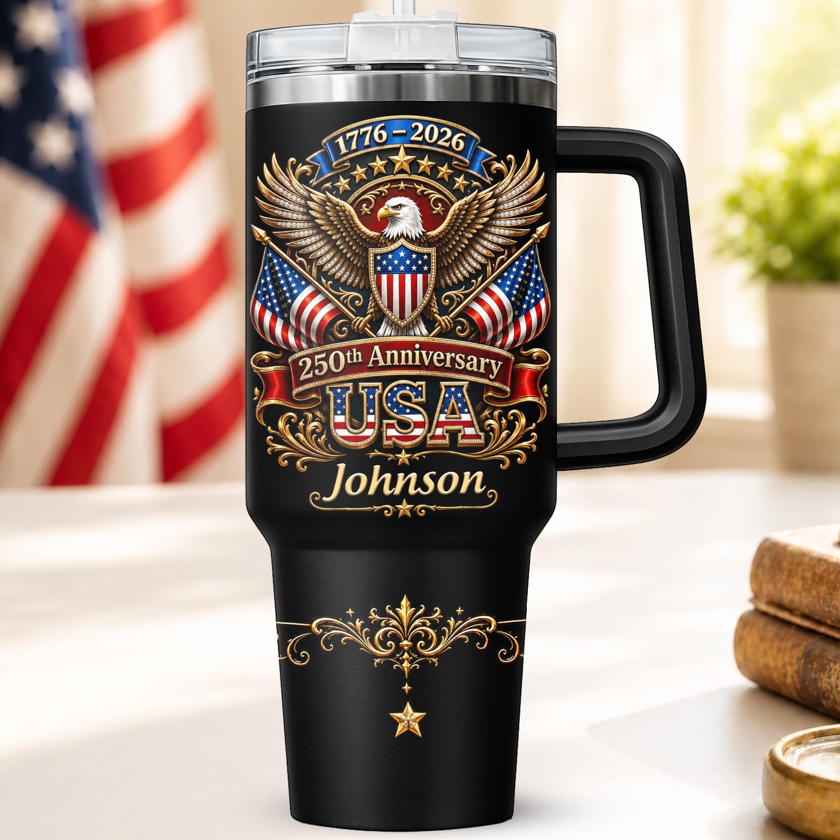 Personalized 250th Anniversary Of America Tumbler - Custom Patriotic USA Flag 1776-2026 Gifts - 3D Effect US Eagle Freedom Tumbler 40OZ A2 - American Flag Independence Gifts For Men, Women