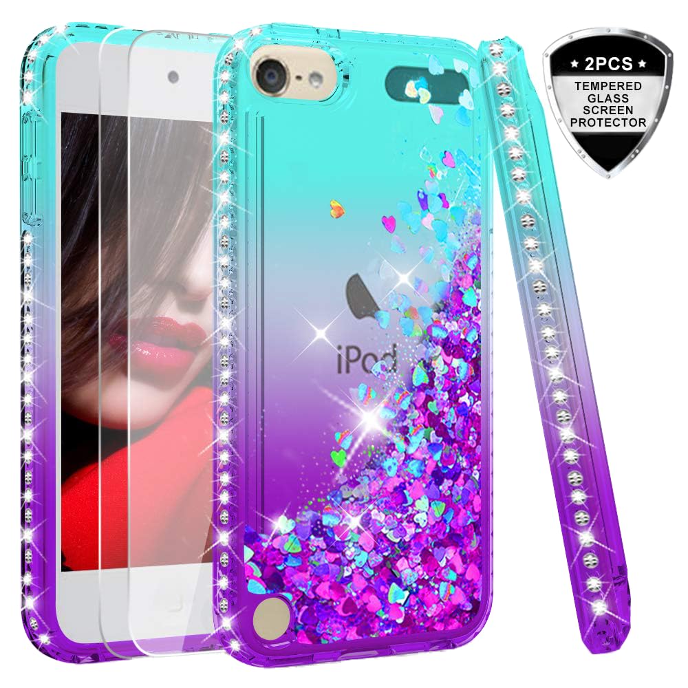 LeYi Case for iPod Touch 7th / 6th / 5th Gen with Glass Screen Protector [2 pack], Glitter Liquid Luxury Clear TPU Silicone Shockproof Phone Cover for iPod Touch 5th 6th 7th Generation Blue Purple