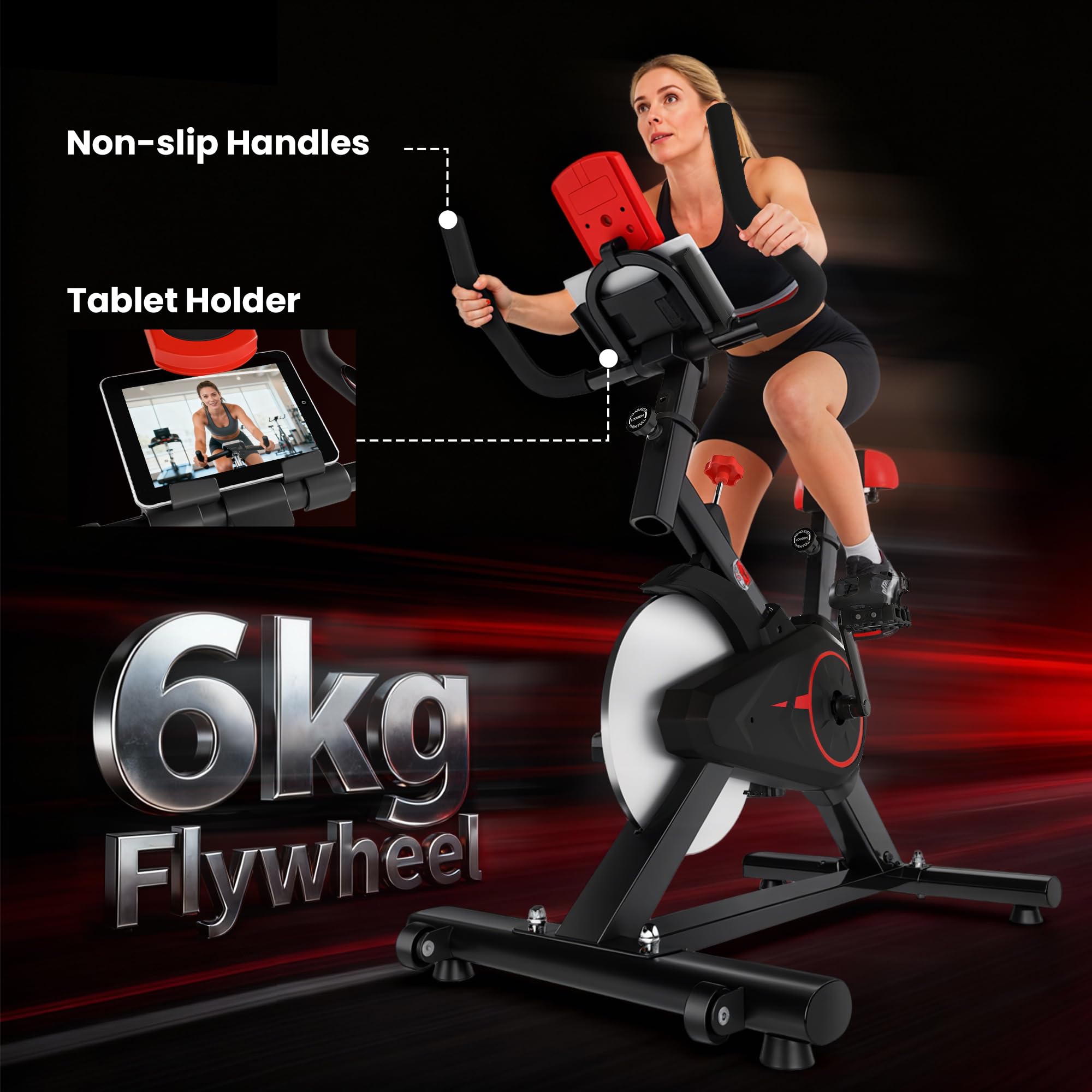 HOMCOM Cyclette da Casa con Resistenza Regolabile, Cyclette Professionale da Camera con Sella e Manubrio Regolabile, Monitor LCD, Sensore Battito Cardiaco Porta Celullare e Volano 6kg, Max.100kg