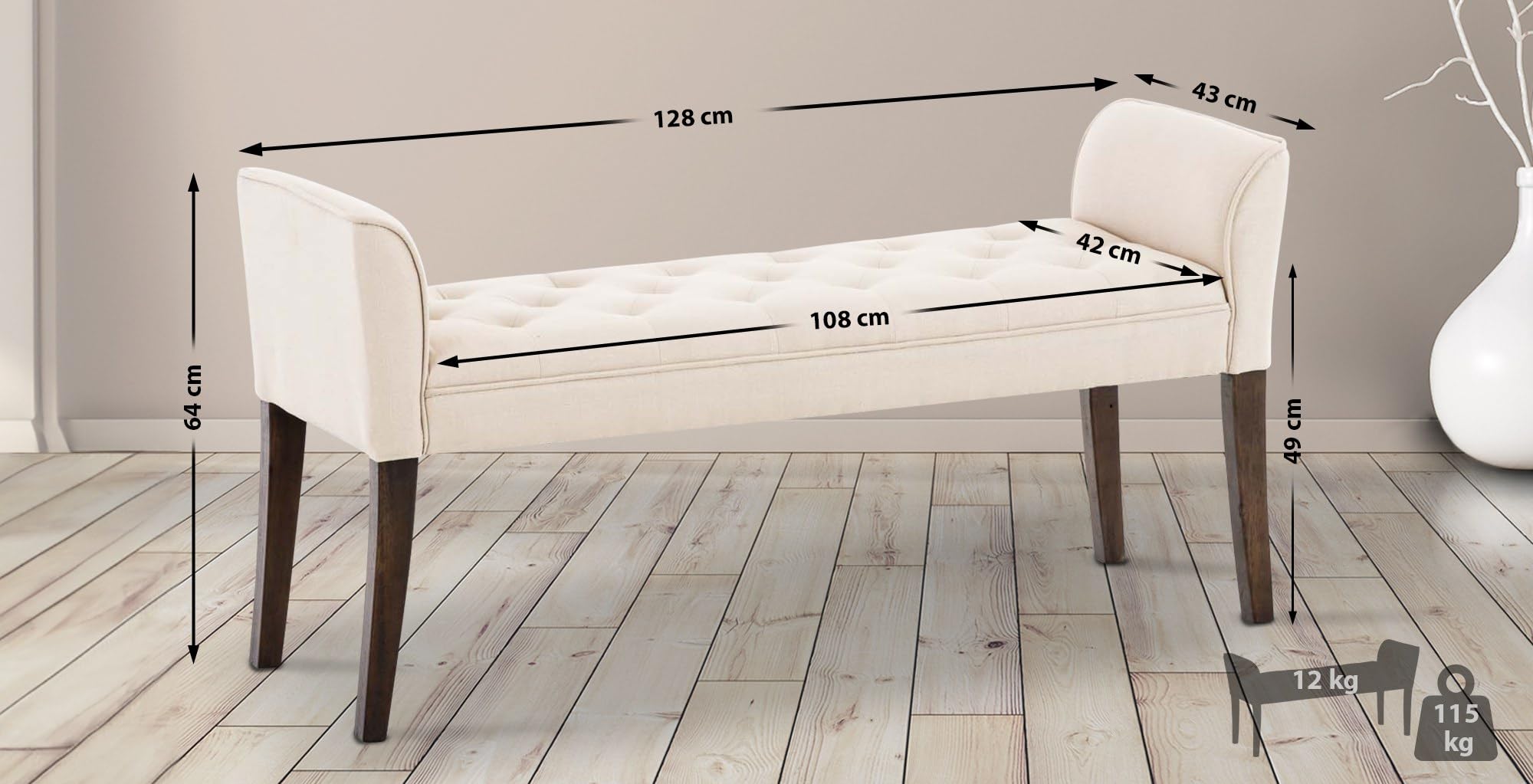 CLP Banquette Cleopatra en Tissu I Banc Rembourré avec Accoudoirs Style Chesterfiled I Piétement en Bois I Banquette Capitonnée 133 x 64 x 43cm, Couleur:crème, Couleur du Cadre:Antique foncé
