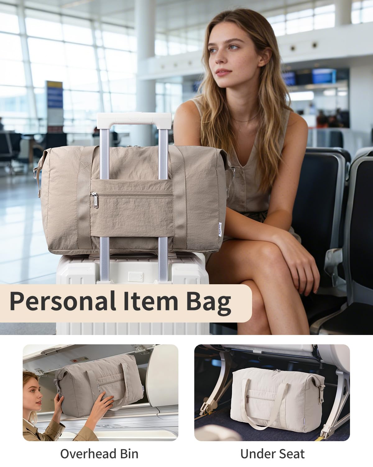 Narwey Travel Duffle Bag for Women, Lightweight Weekender Sports Gym Tote Bags for Women, Personal Item Travel Bag Airplane, Foldable Overnight Hospital Shoulder Bag for Women Travelling 25L (Khaki) — view 9