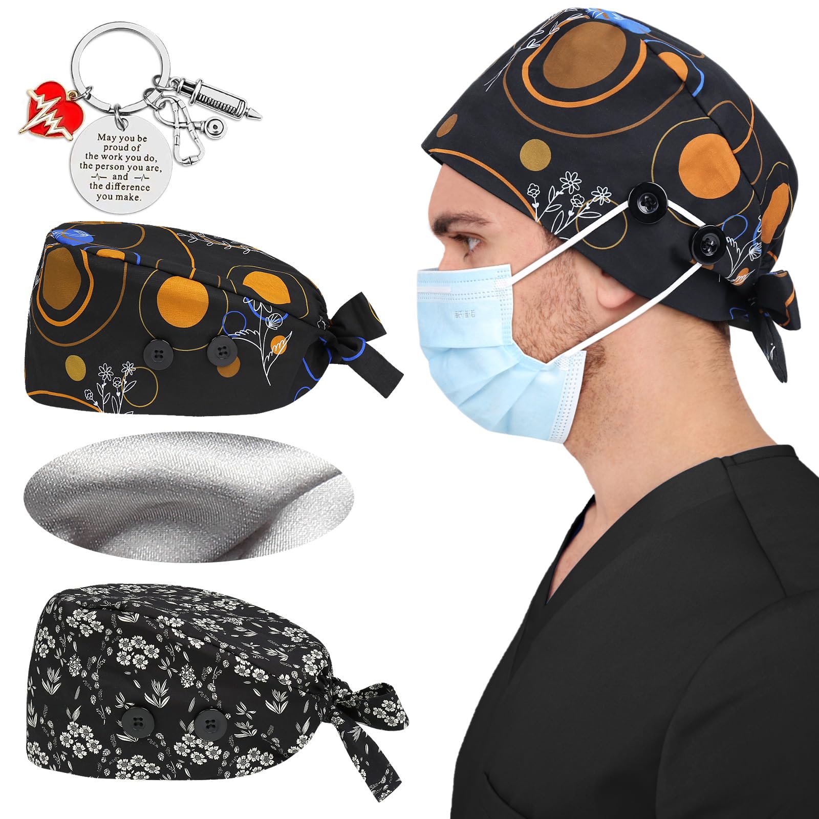 2 Pcs Satin Lined Scrub Cap Nurse Hats for Women Men 4 Buttons