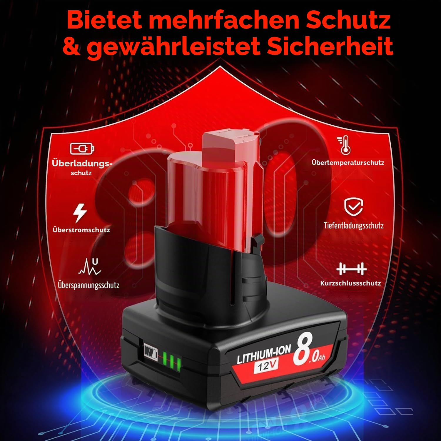 2X 8.0Ah Akku für Milwaukee M12, Powtree Ersatzakku für Milwaukee 12V | Li-ion Akku M12B 48-11-2411 48-11-2440 48-11-2402 48-11-2460 Werkzeuge mit LED Anzeige