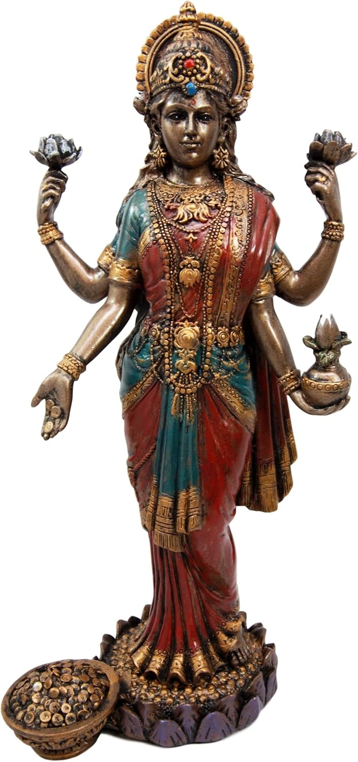 Ebros Gift Hindu Goddess of Fortune and Prosperity Lakshmi Standing On Lotus Pedestal Figurine 10" H
