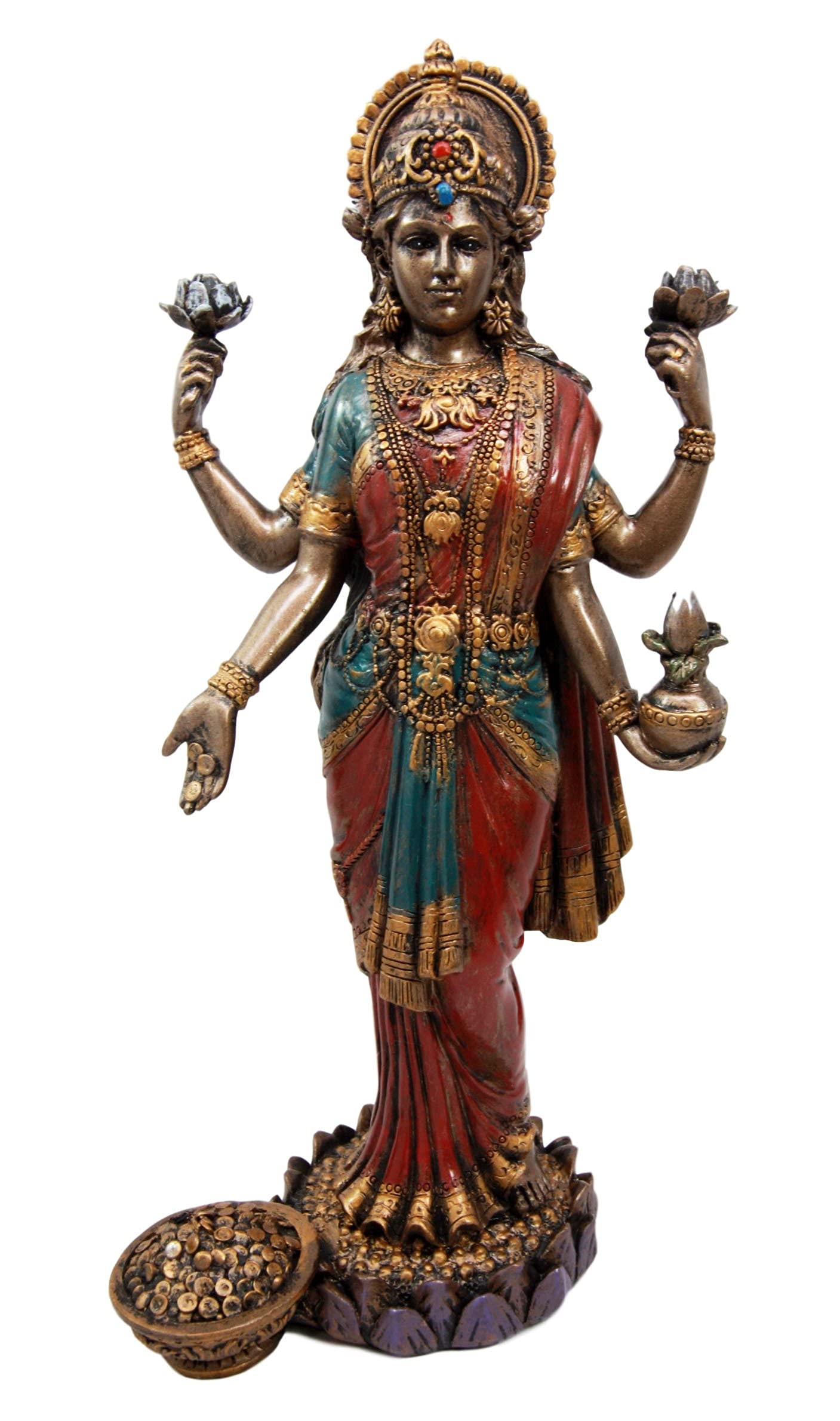 Ebros Gift Hindu Goddess of Fortune and Prosperity Lakshmi Standing On Lotus Pedestal Figurine 10" H