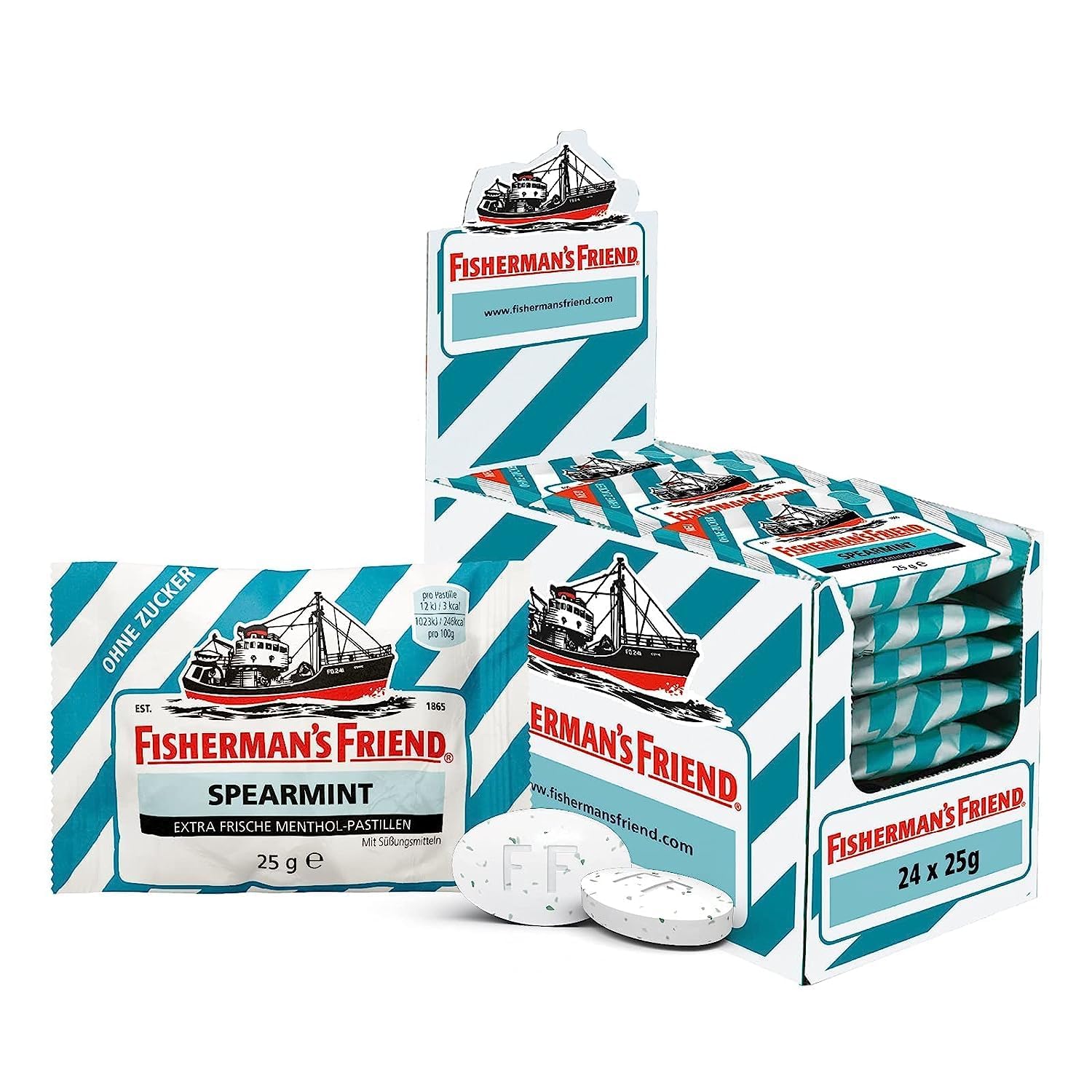 Fisherman's Friend Spearmint, 24er Vorratsbox, grüne Minze und Menthol Geschmack, zuckerfrei & vegan, Bonbons für frischen Atem, 24 x 25g