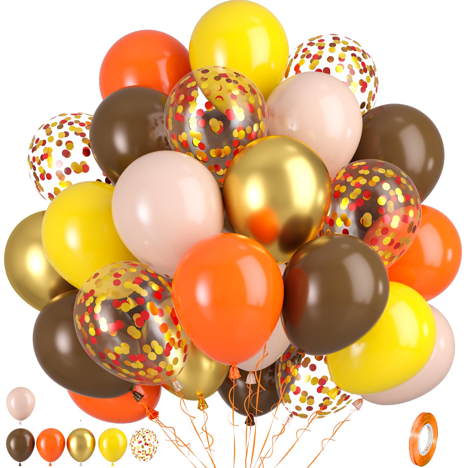 Fall Balloons, 50pcs Orange and Gold Balloons, Orange Brown Yellow Balloon, Gold Red Confetti Balloon for Birthday Baby Shower Thanksgiving Fall Theme
