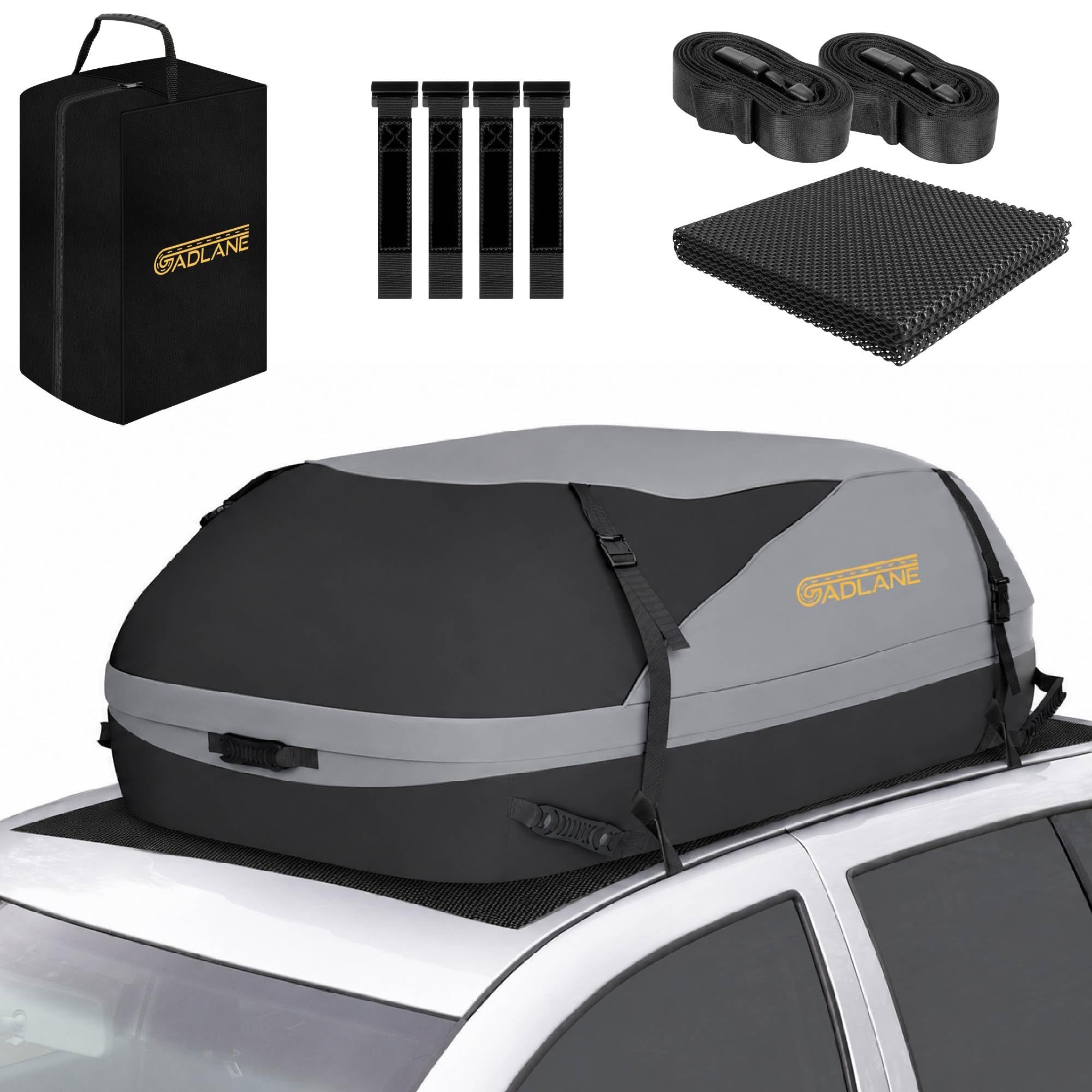 GADLANE Bolsa de Techo para Coche, 400L, Impermeable, para Coches y SUV, con o sin portaequipajes, con 4 Correas Resistentes, Alfombrilla Antideslizante, Bolsa de Almacenamiento (Gris)