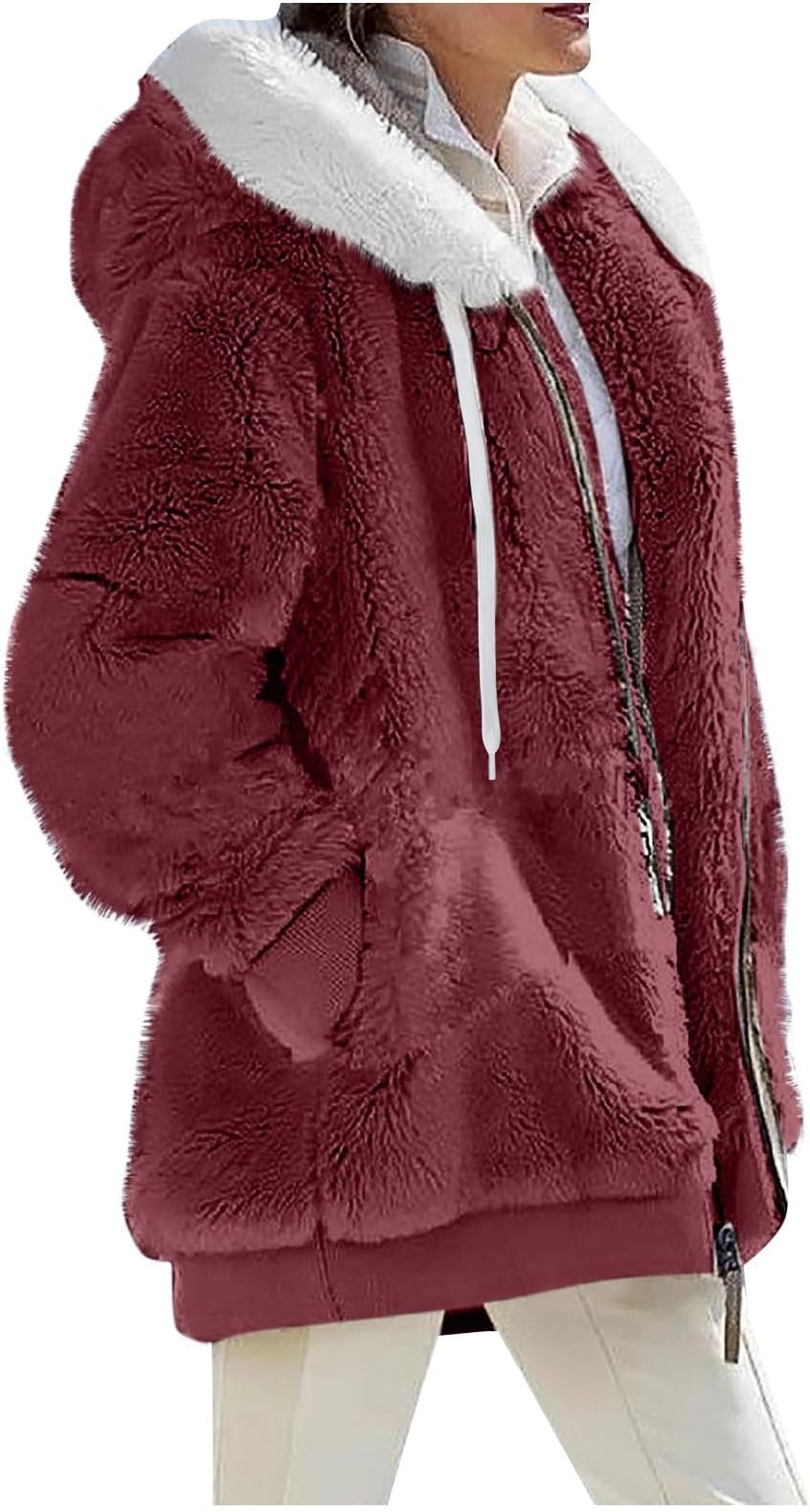 HSUAYEUD Womens Fleece Jackets Full Zipper Pockets Hoodie Coats Winter Warm Soft Teddy Hooded Jacket Warm Fluffy Jacket Fleece Hooded Jacket Overcoat Cardigan