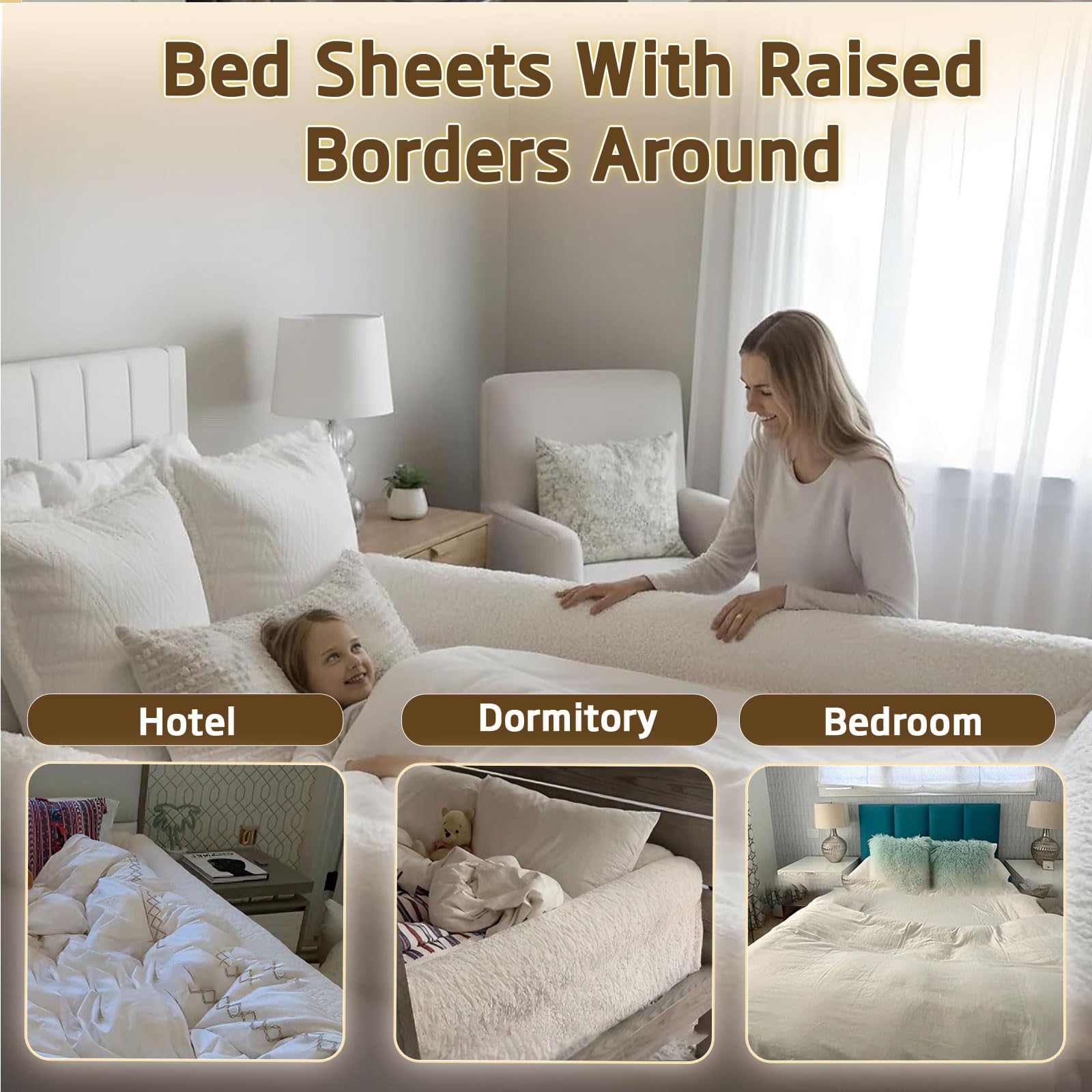 Sábana de cama con bordes acolchados, sábana bajera de sherpa con bordes elevados para un sueño seguro, cierre suave similar a un nido, bolsillo profundo antideslizante, transpirable y lavable a