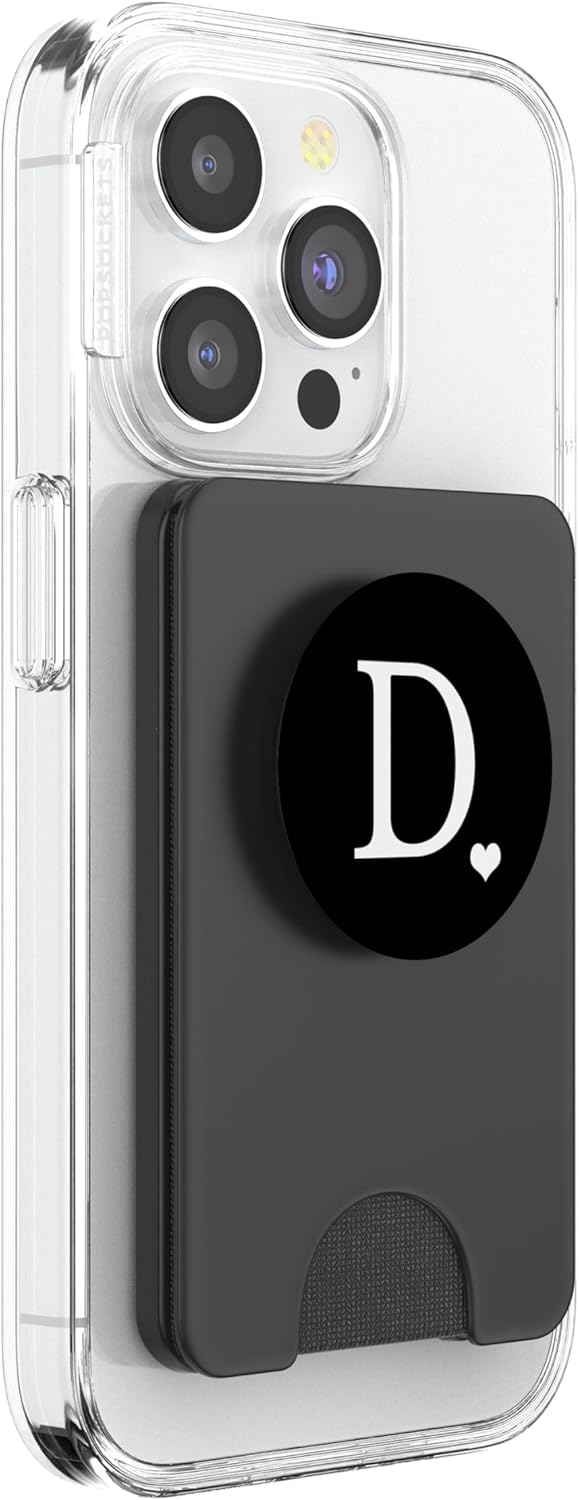 White Initial Letter D Heart Monogram on Black PopSockets PopWallet for MagSafe