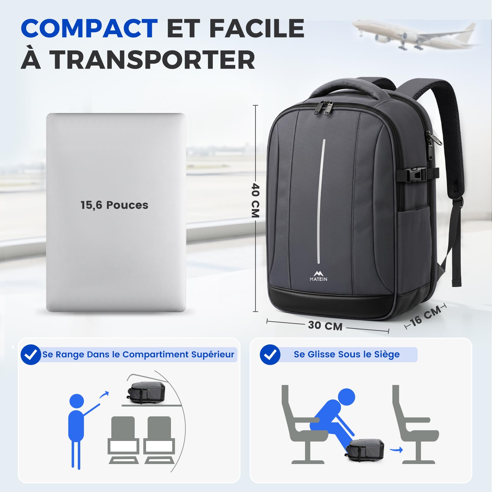 MATEIN Sac à Dos Ordinateur Portable 15.6 Pouces, Sac a Dos Homme Travail | Sac a Dos Antivol Imperméable avec Poches Accessoires, Serrure TSA, Sac a Dos PC Portable pour Travail, Voyage, Cadeau, Gris