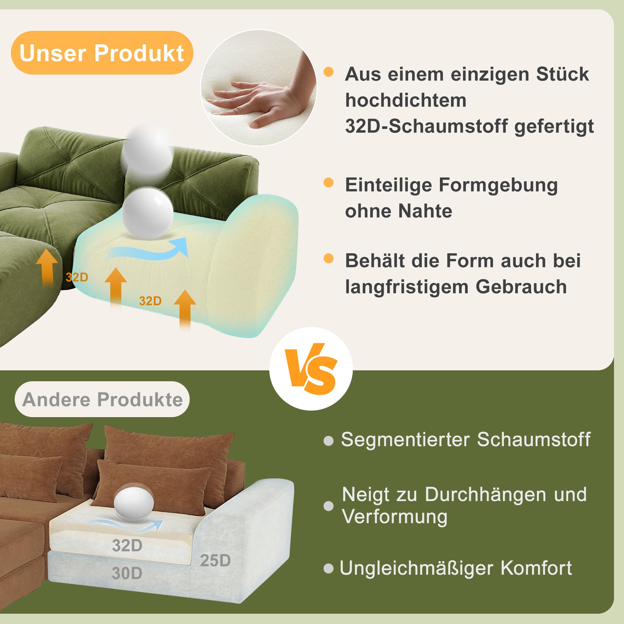 L-Sofa 3-Sitzer mit Fußhocker, Chenille, 32D-Schaum, Grün