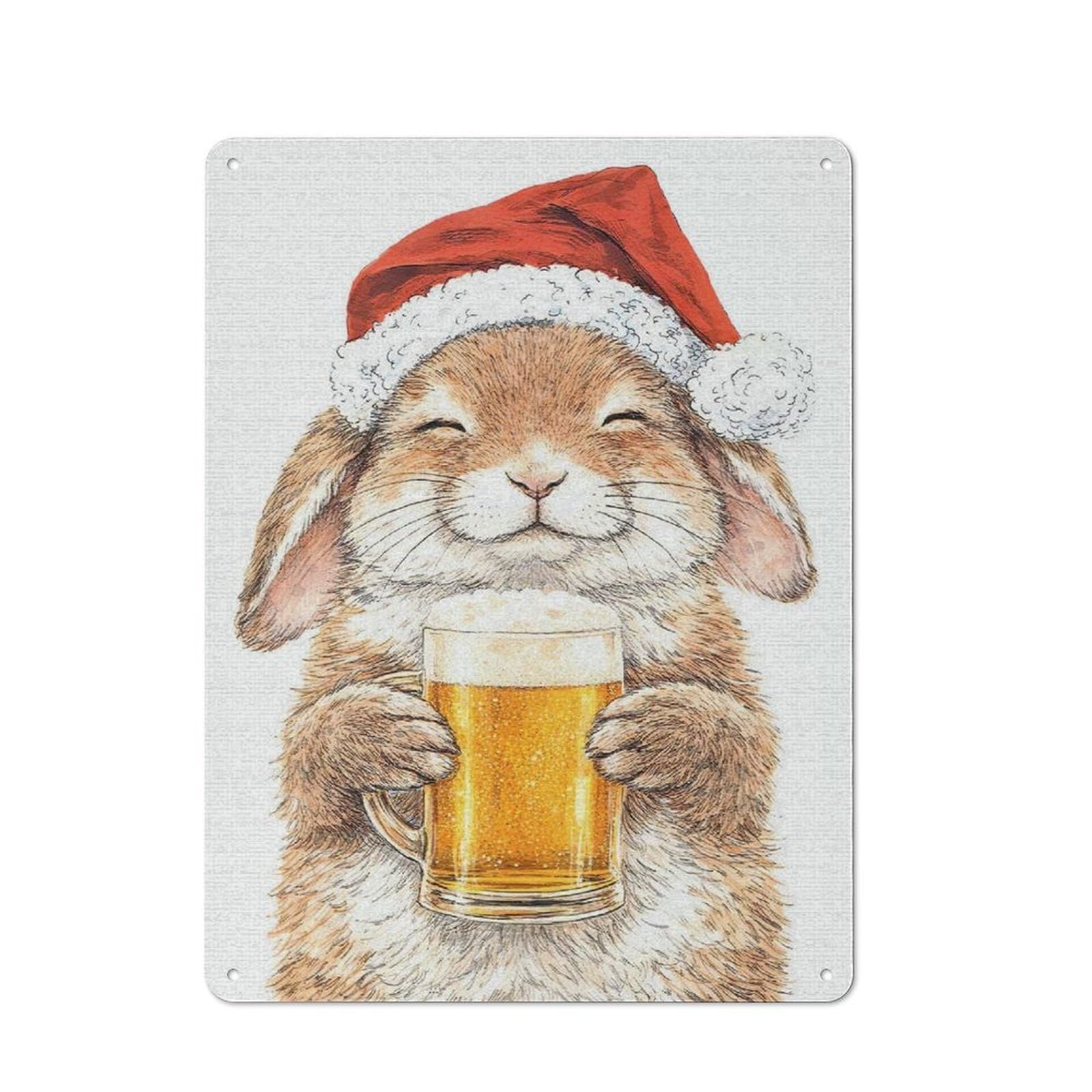 Bunny in Santa Hat with Beer Decorative Tin Sign 40x30cm, Old Fashioned Vintage Wall Decor for Lounge, Study, Pub Or Wall Gallery