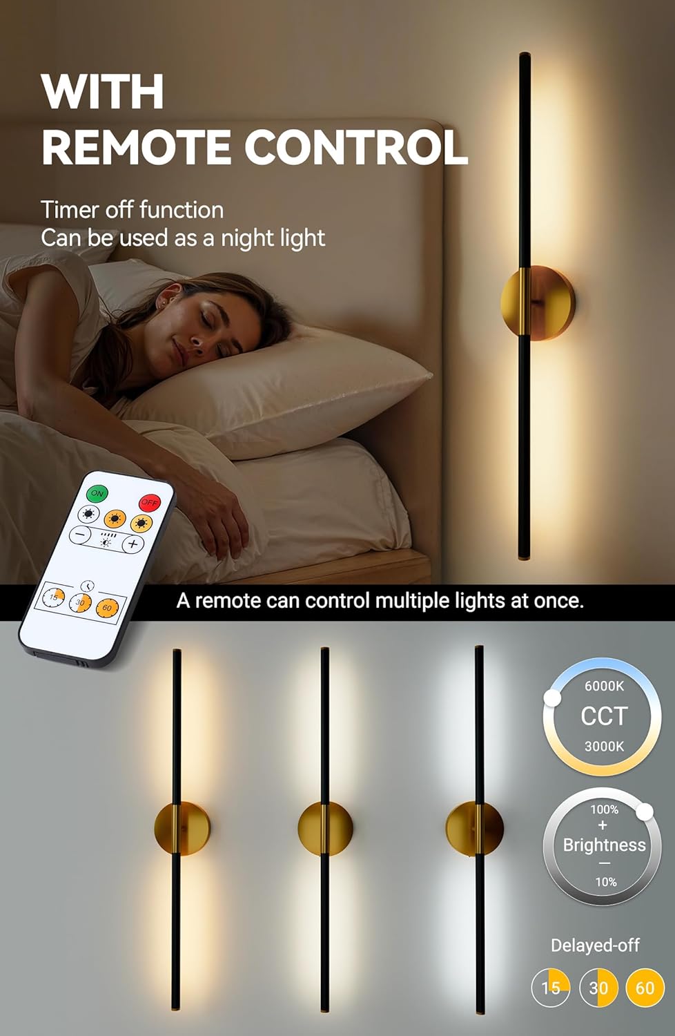 Battery Operated Wall Sconce Set of 2, 31.5 Inch Black Wireless Wall Sconces with Remote Control 360° Rotate Dimmable, Rechargeable Wall Lights for Bedroom, Living Room, Hallway