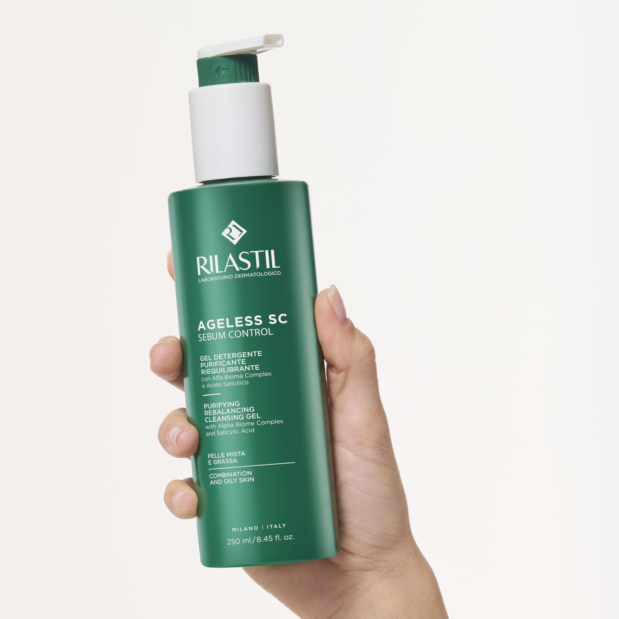 Rilastil Ageless SC Sebum Control, Gel detergente purificante e riequilibrante viso con Alfa Bioma Complex e Acido Salicilico ad azione sebonormalizzante, 250 ml