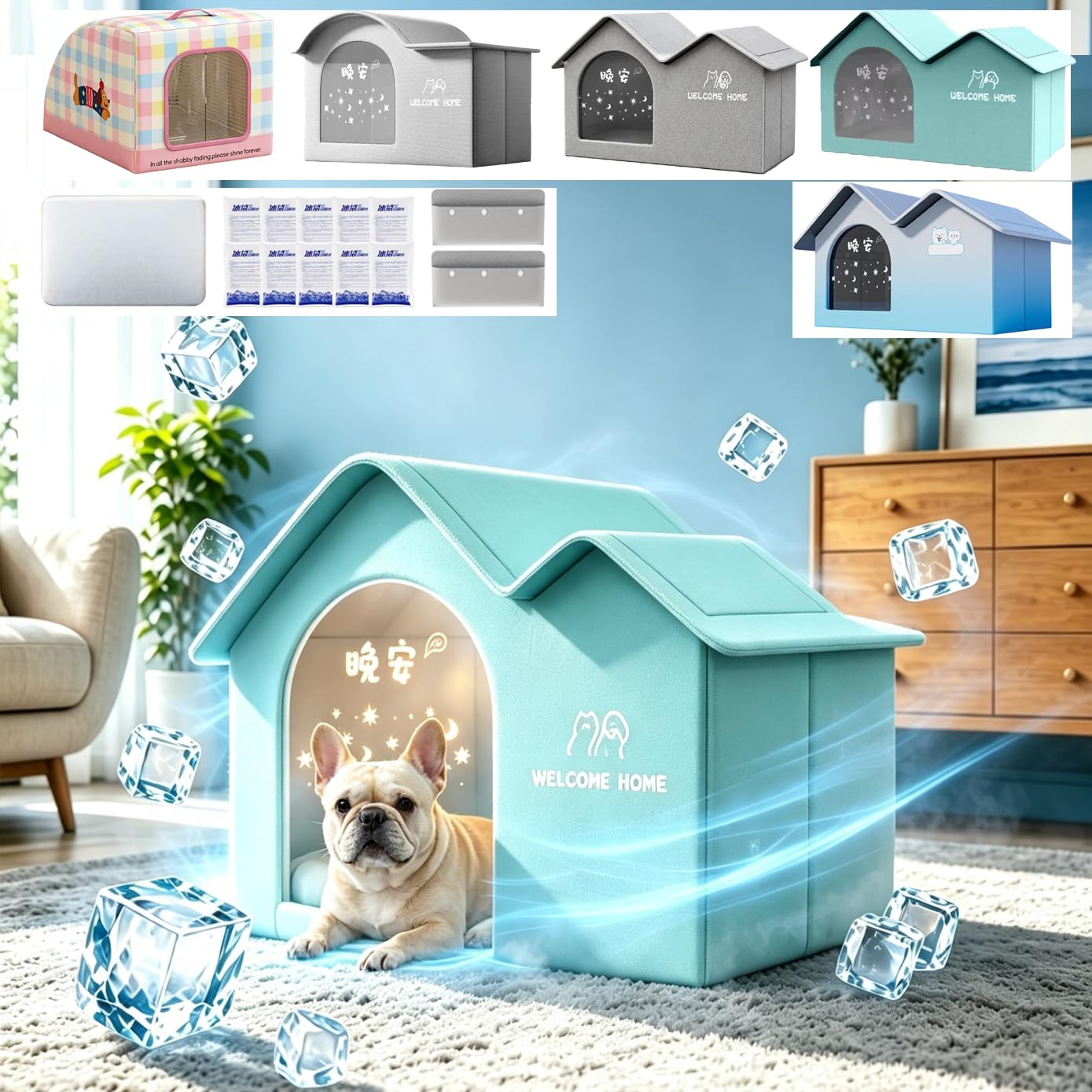 All‑Season Outdoor Cat Cooling House Weatherproof，Dog Tent Cave for Indoor in Summer or Winter with Ice Packs, Door and Soft Mat, Foldable Leak‑Proof Breathable Passive Heat‑Resistant Shelter for Pets