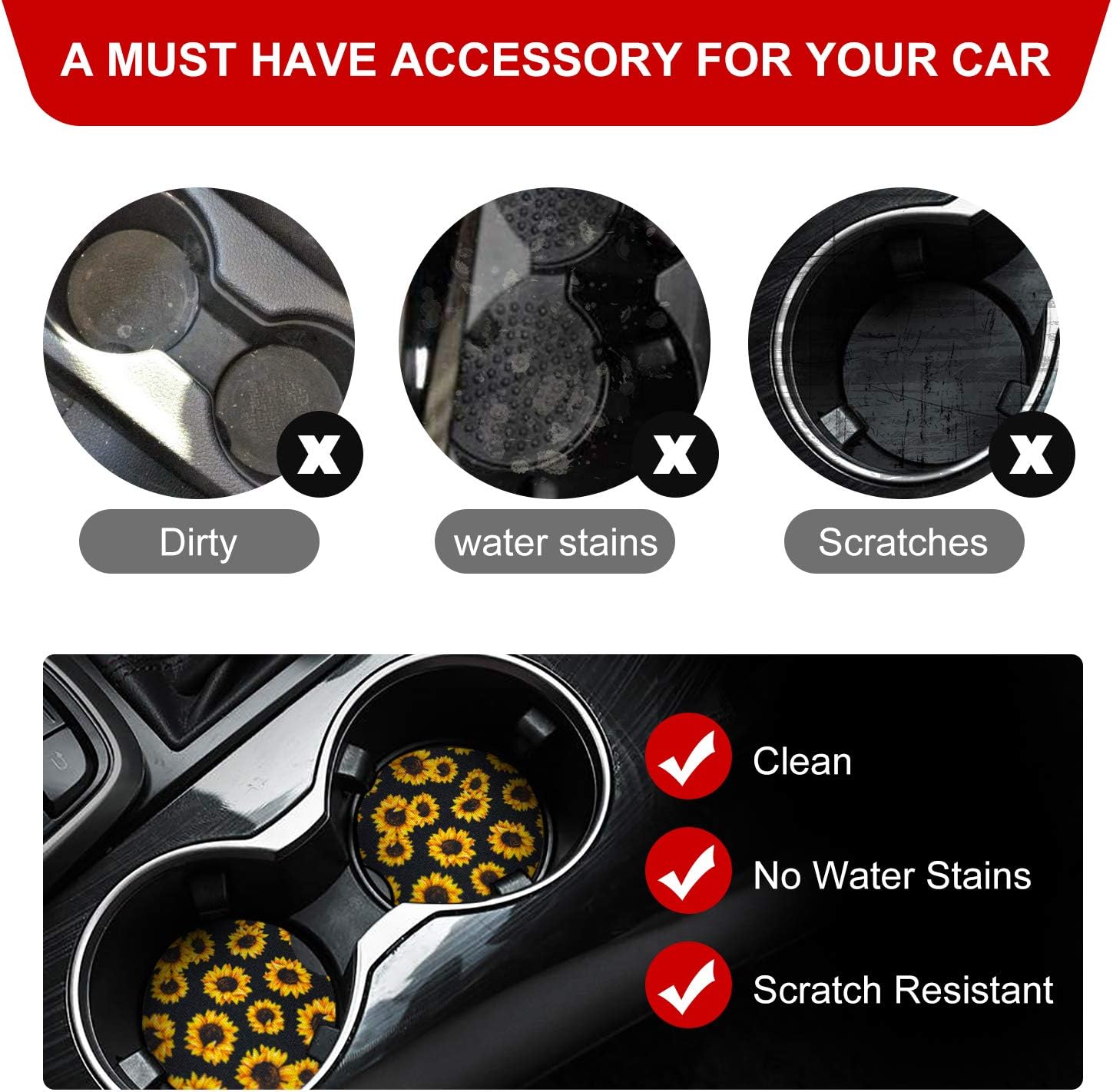 ozozo Leopard Car Coasters for Cup Holders 4 Pack Cute Car Coasters for Women Cheetah Car Accessories Neoprene Car Cup Coasters (Sunflower 2.95 inch)