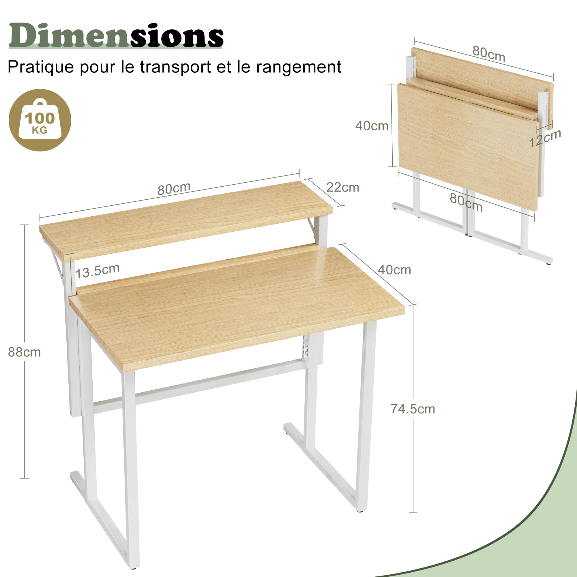 JUMMICO Bureau Pliable 80x62cm, avec Étagère Moniteur, Gain de Place, Beige | Idéal Petits Espaces, Structure Métal Stable, Montage Facile sans Outils, Parfait pour Étudiants & Télétravail