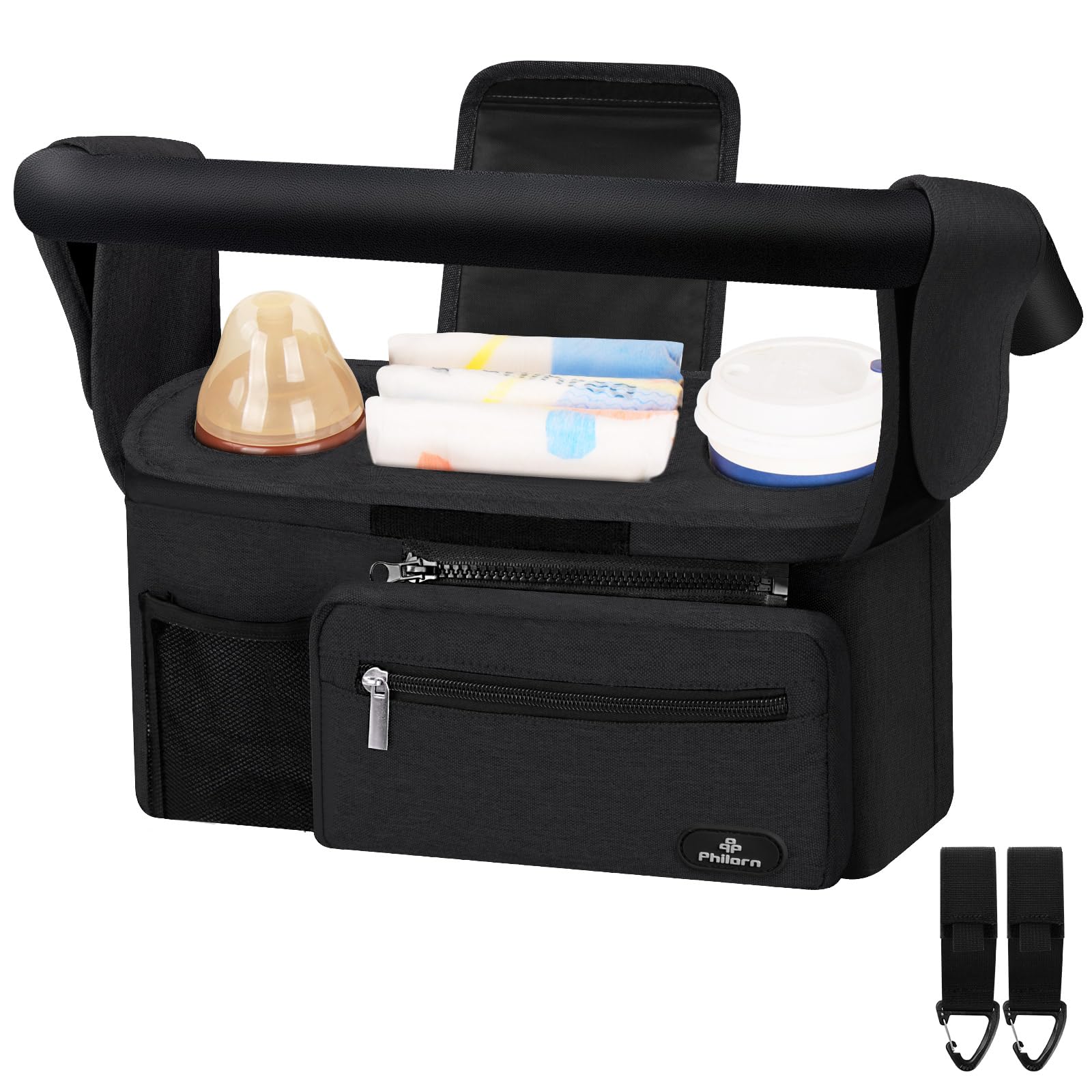 PHILORN Kinderwagen-organizer met geïsoleerde bekerhouder, schouderriem, grote capaciteit, universele babywagentas, luiertas, kinderwagentas, kinderbuggy, zwart - groot, L