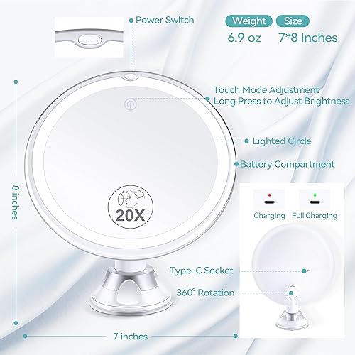 Miniatura 5 de B Beauty Planet Espejo de aumento recargable con luz, espejo de maquillaje iluminado 20X, espejo de maquillaje de aumento de 3 colores con 34 luces