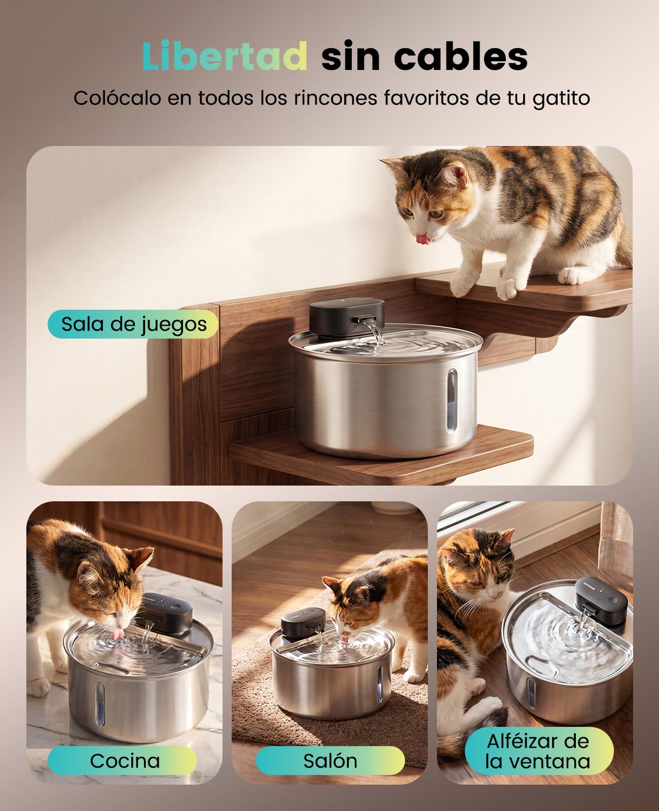 oneisall Fuente para gatos Kabello, 3,2 L, acero inoxidable, fuente para gatos inalámbrica con detector de movimiento, bomba SilentFlow™ de 20 dB, filtro de carbón activo, fuente de agua para gatos