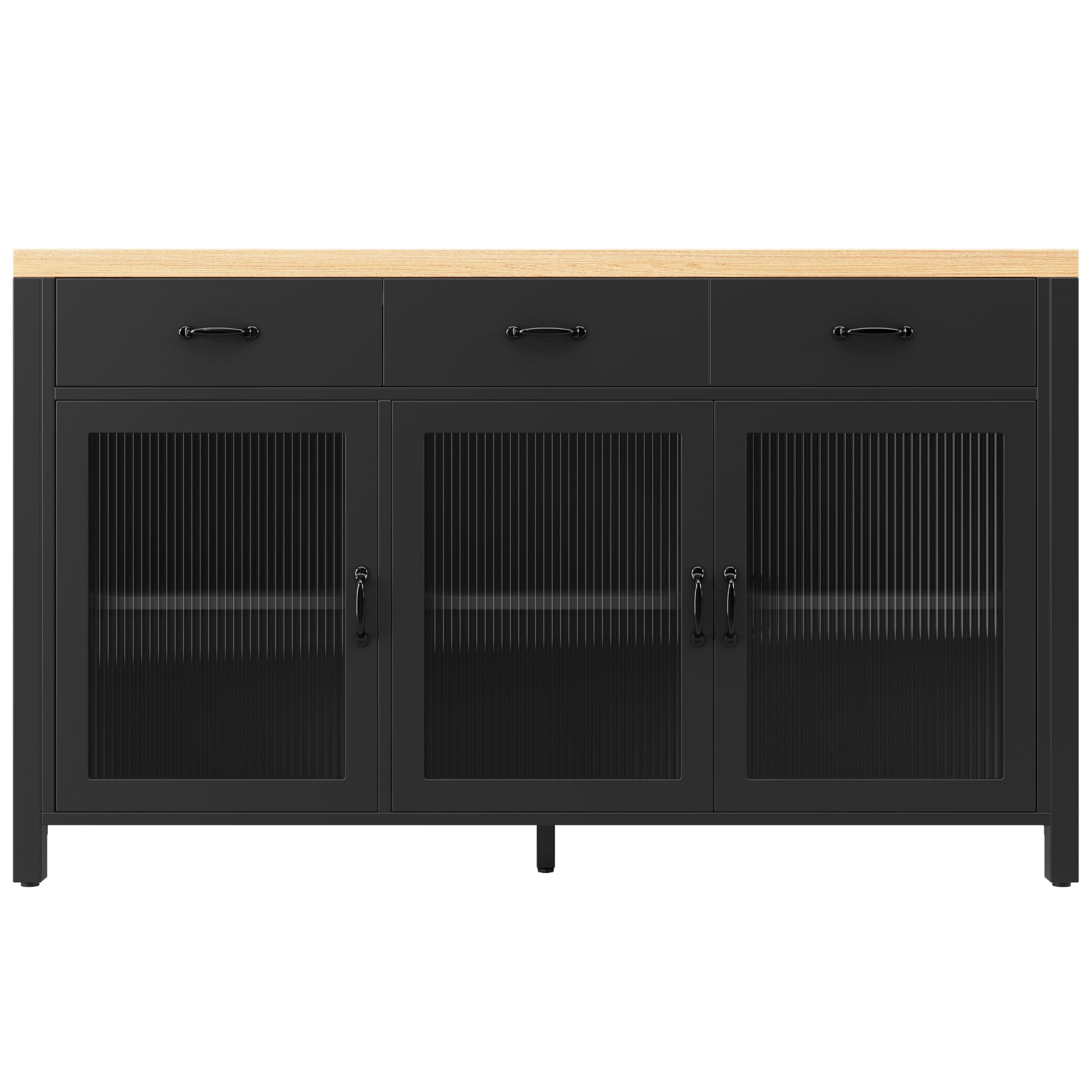 Isola da cucina con 3 cassetti e ante in vetro, design industriale, 150 x 80 x 90 cm, piedini regolabili, nero naturale