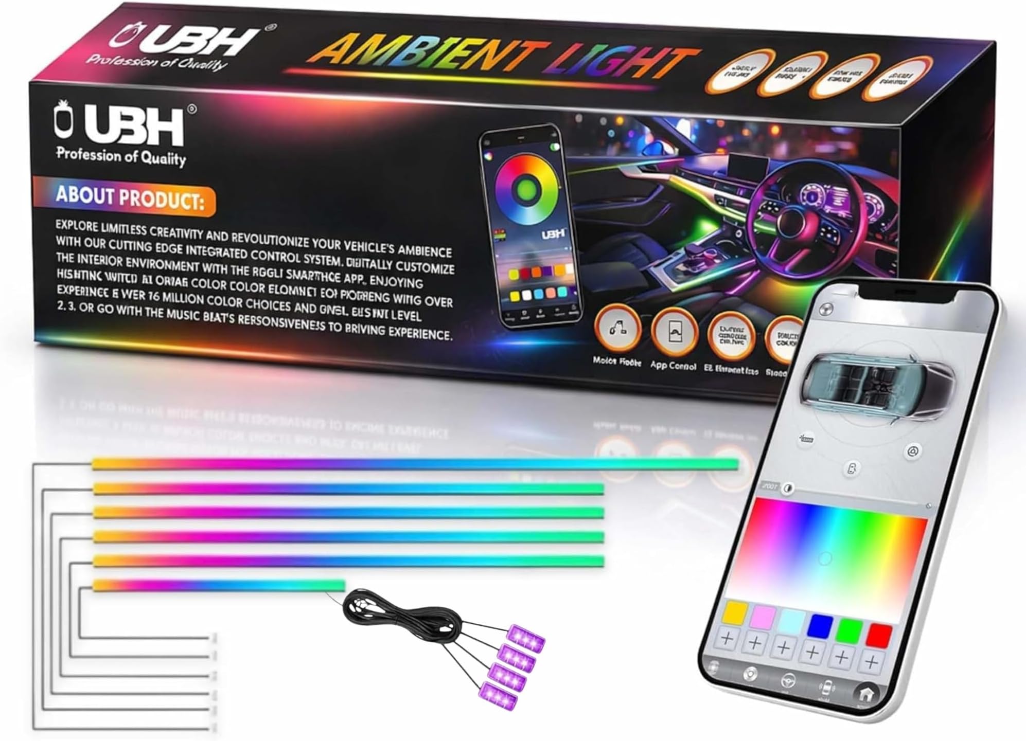 UBH Car Interior Ambient Light 10 in 1 Multi-Color Matrix Interior Ambient Lights for Car | App Controlled LED Dashboard & Door Neon Strips | Music Sync, 16M Colors, Bluetooth Control (Pack of 10)