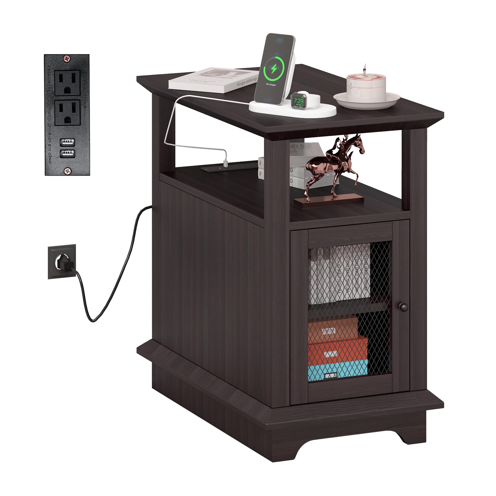 Narrow End Table with Charging Station, Farmhouse Nightstand with Adjustable Shelf, Outlets and USB Ports, 2-Tier Storage Shelf Side Table for Living Room Bedroom, Black