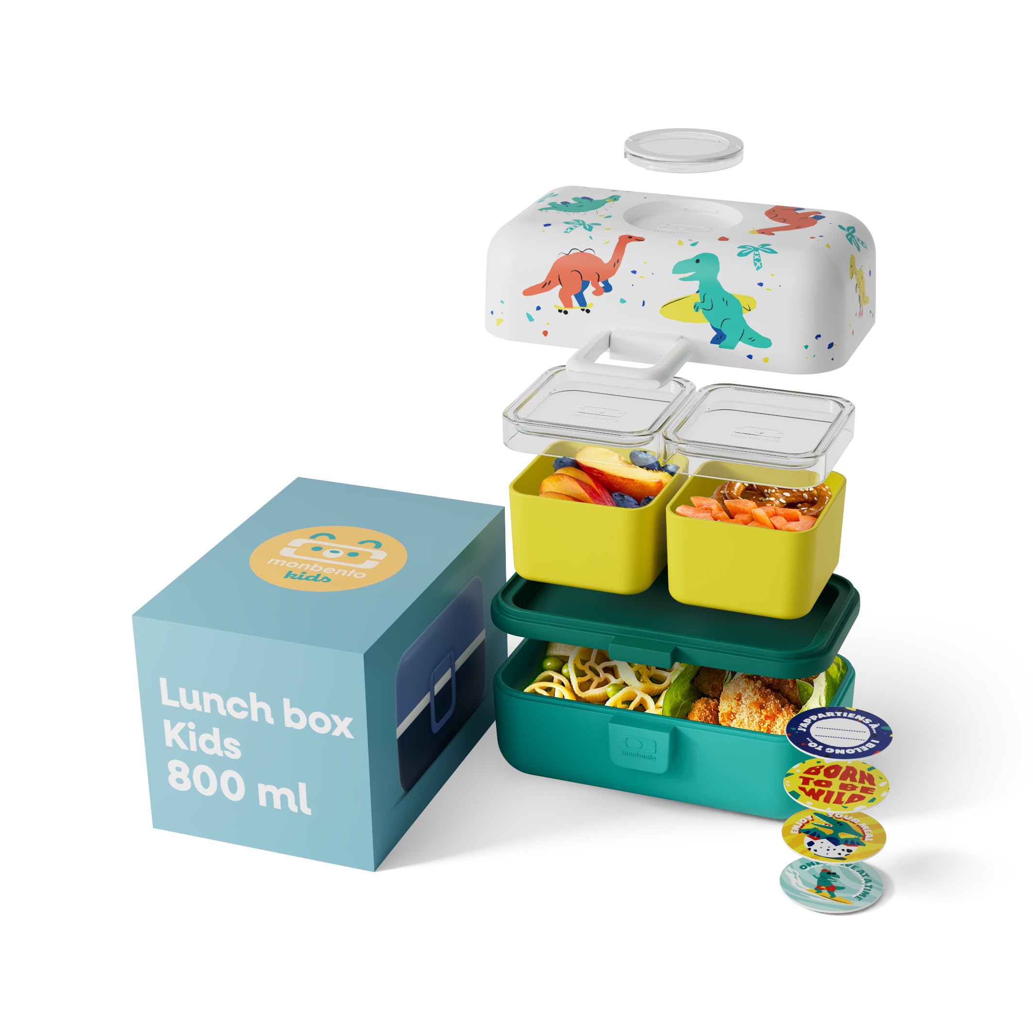 monbento - Lunch Box Enfant MB Tresor bleu Dino - La Boite Repas 3 Compartiments pour Enfant - Idéal pour Repas & Goûter Ecole/​Pique-​nique - Sans BPA - Personnalisable et Sûre - Bleu Motif Dinosaures