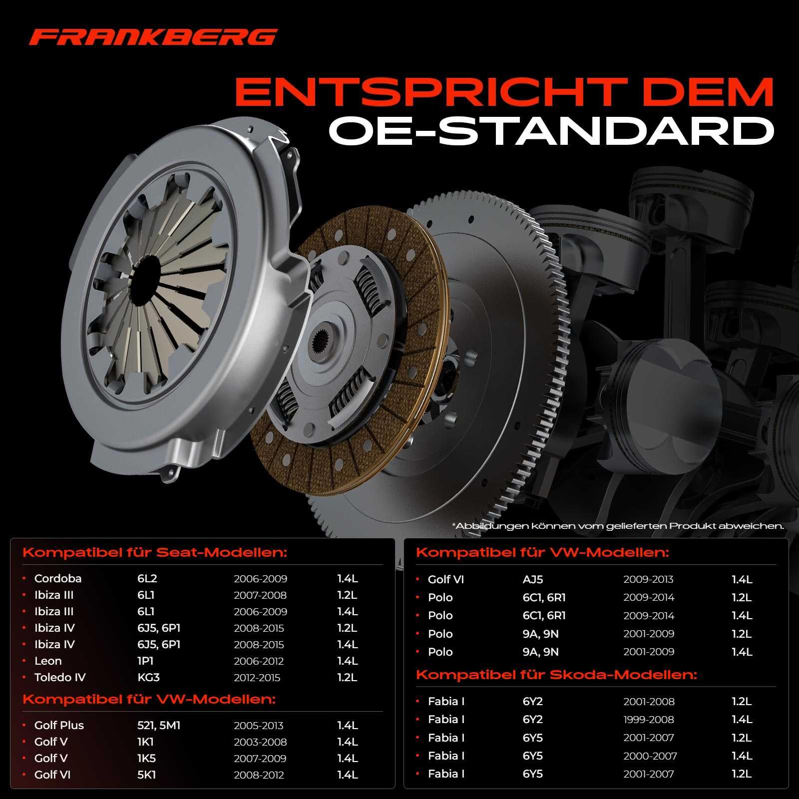 Frankberg Kupplungssatz Kompatibel mit Golf VI 5K1 1.4L 2008-2012 Polo 6C1 6R1 1.2L 1.4L 2009-Heute Fabia II 542 1.2L 1.4L 2006-2014 Leon 1P1 1.4L 2006-2012 Replace# 02T141153F