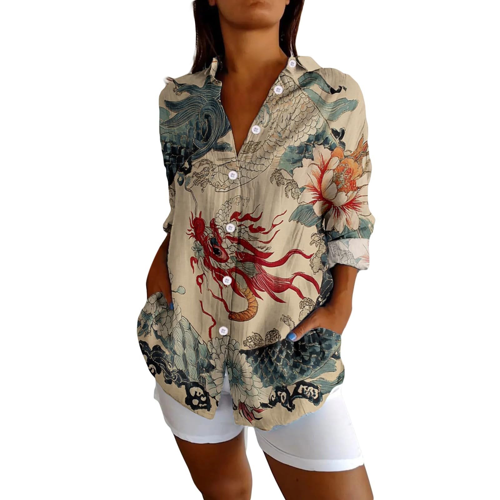 Linen Shirt Women Oversized Long Sleeve Button Down T-Shirts Cardigans Fashion Artistic Print Tunic Tops Summer Casual Loose Fit Boho Blouse Lightweight Plus Size Beach Wear Cover up