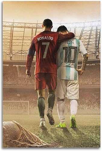 BONOOL Póster artístico de la estrella del fútbol Cristiano Ronaldo y Lionel Messi, lienzo de la pintura, póster de la habitación, sala de estar,
