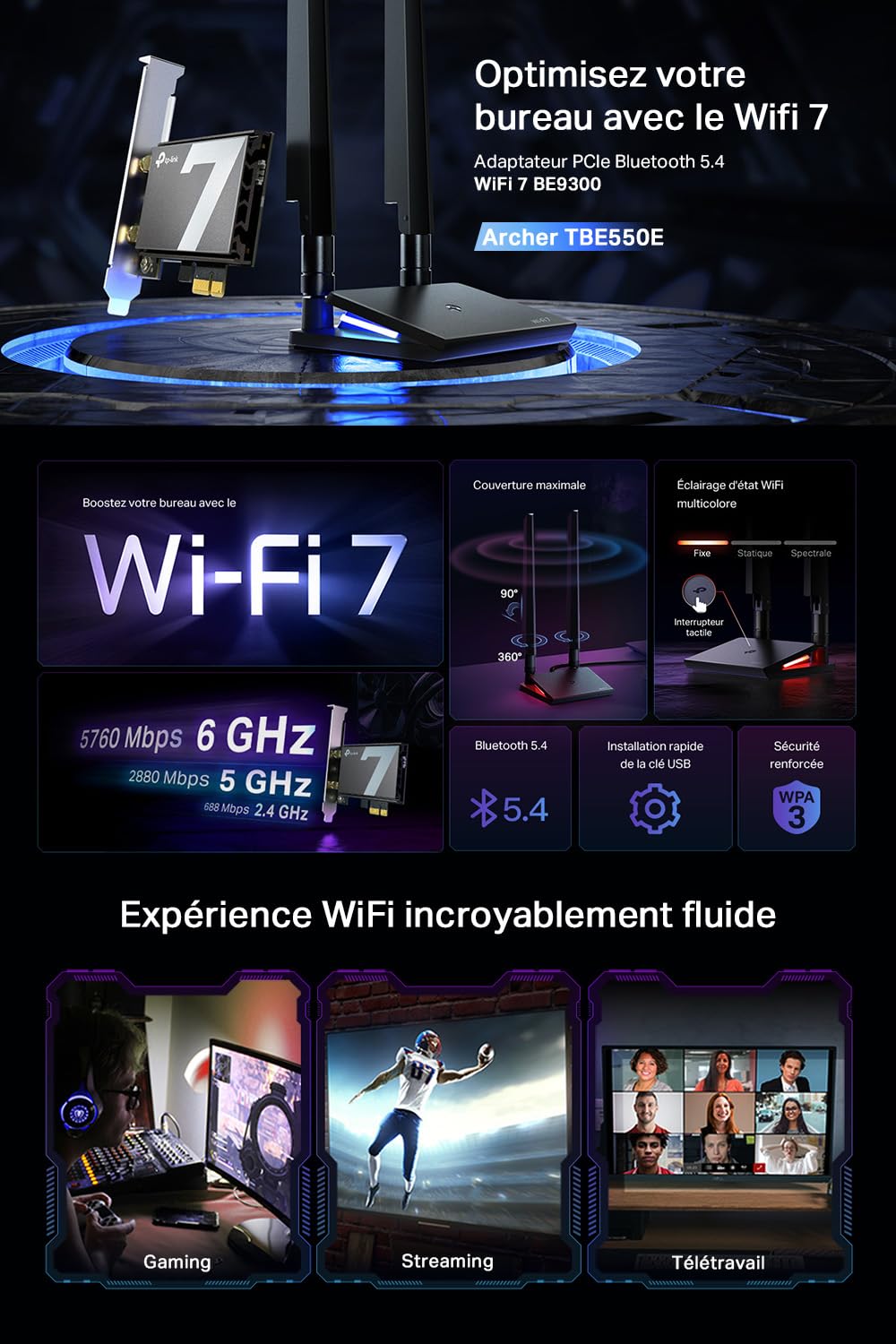 TP-Link Carte WiFi 7 PCIe BE9300 avec Bluetooth 5.4, Archer TBE550E | Tri-bande 6 GHz, MLO, base magnétique, idéal gaming/streaming 8K, pour Windows 11 (64 bits) uniquement