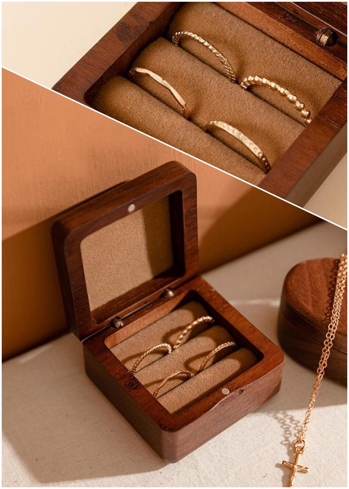 Handmade Wooden Jewelry Box - Vintage Rustic Ring Box For Engagement, Wedding, Or Gift Giving (Peach Wood, 2.4x2.4x1.6 In) - View #3