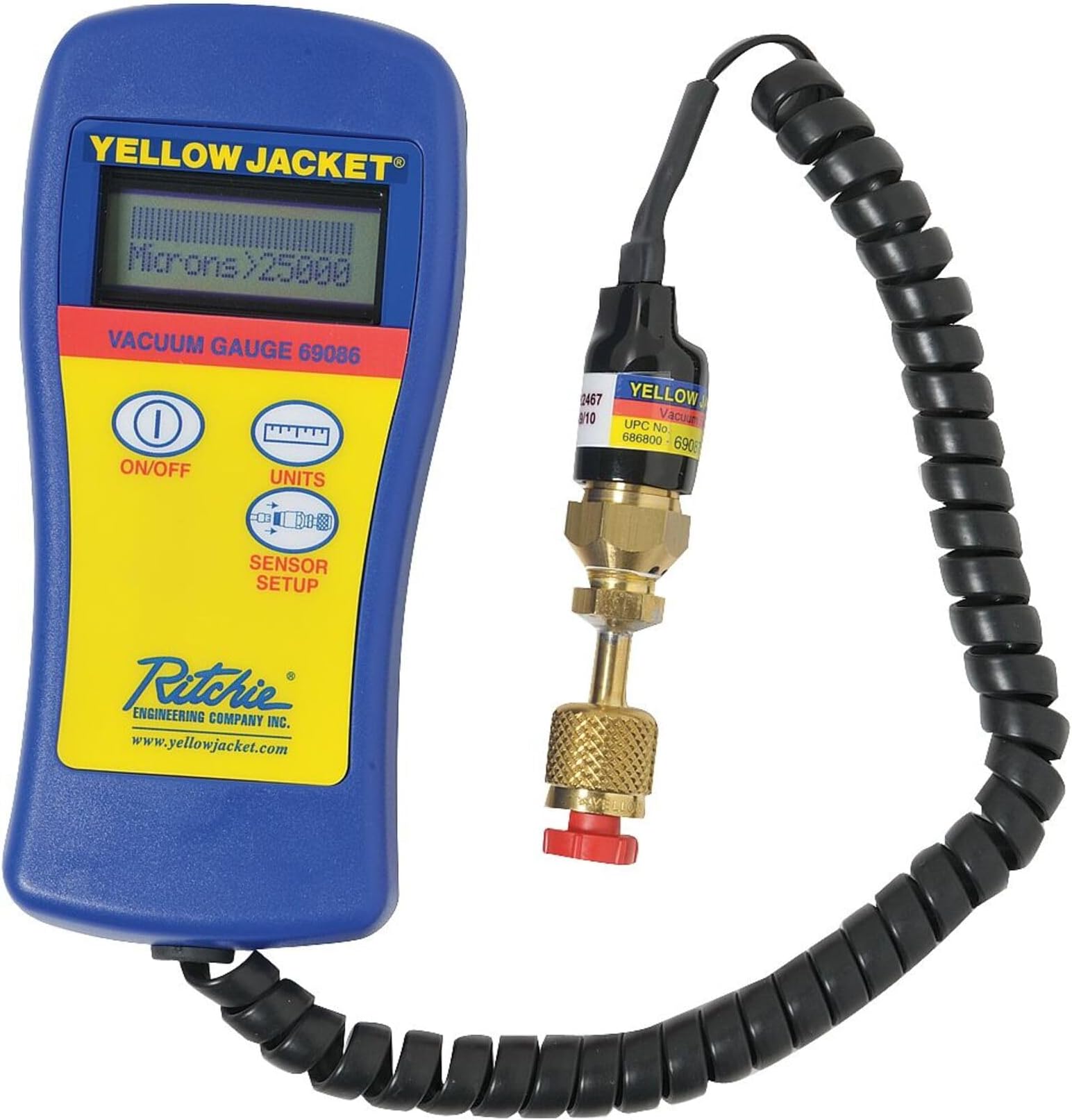 Yellow Jacket® Hand-Held Vacuum Gauge, Deluxe, 32 to 122 deg F Ambient, 1/4 in Male Flare Connection, LED Display, Battery, Plastic