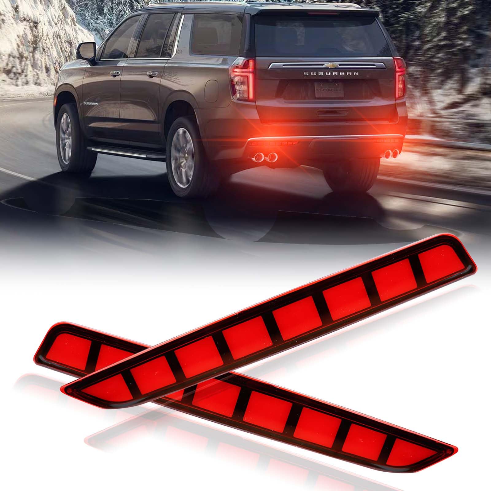 Photo 1 of ***STOCK PHOTO FOR REFERENCE ONLY***PGTOPONE LED Rear Bumper Reflectors Light Fog Brake Tail Lamps Compatible with Chevrolet Chevy Suburban Tahoe GMC Yukon Denali 2021-2024 OEM Stock Reflector Turn Signal Light (RED)