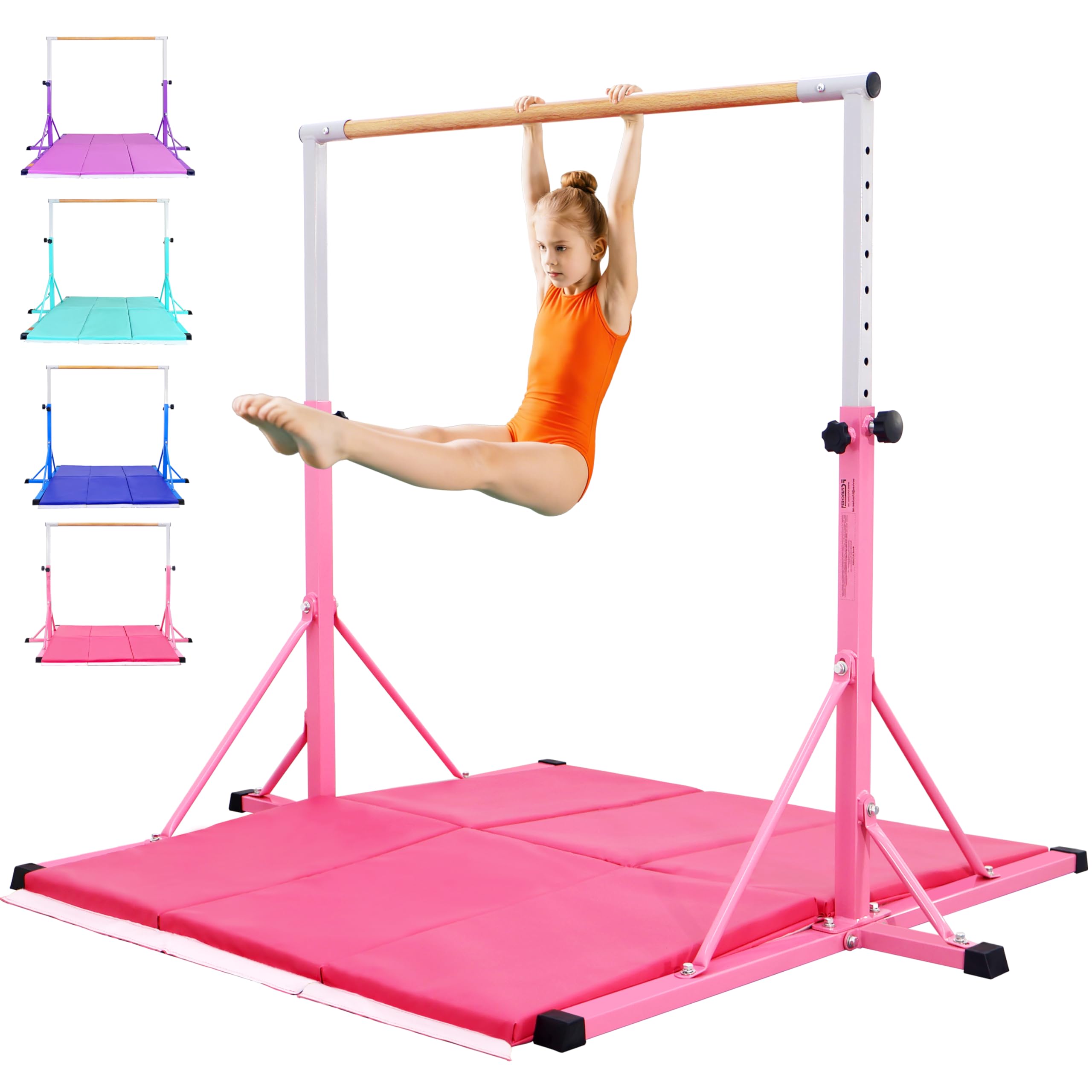 Gymnastics Bar for Kids Ages 3-15, 35" to 60" Adjustable Height, 4FT Wide Base - Professional Kip Bar with 360° Stability & Fiberglass Crossbar, Easy Fold&Solid Design for Home Training