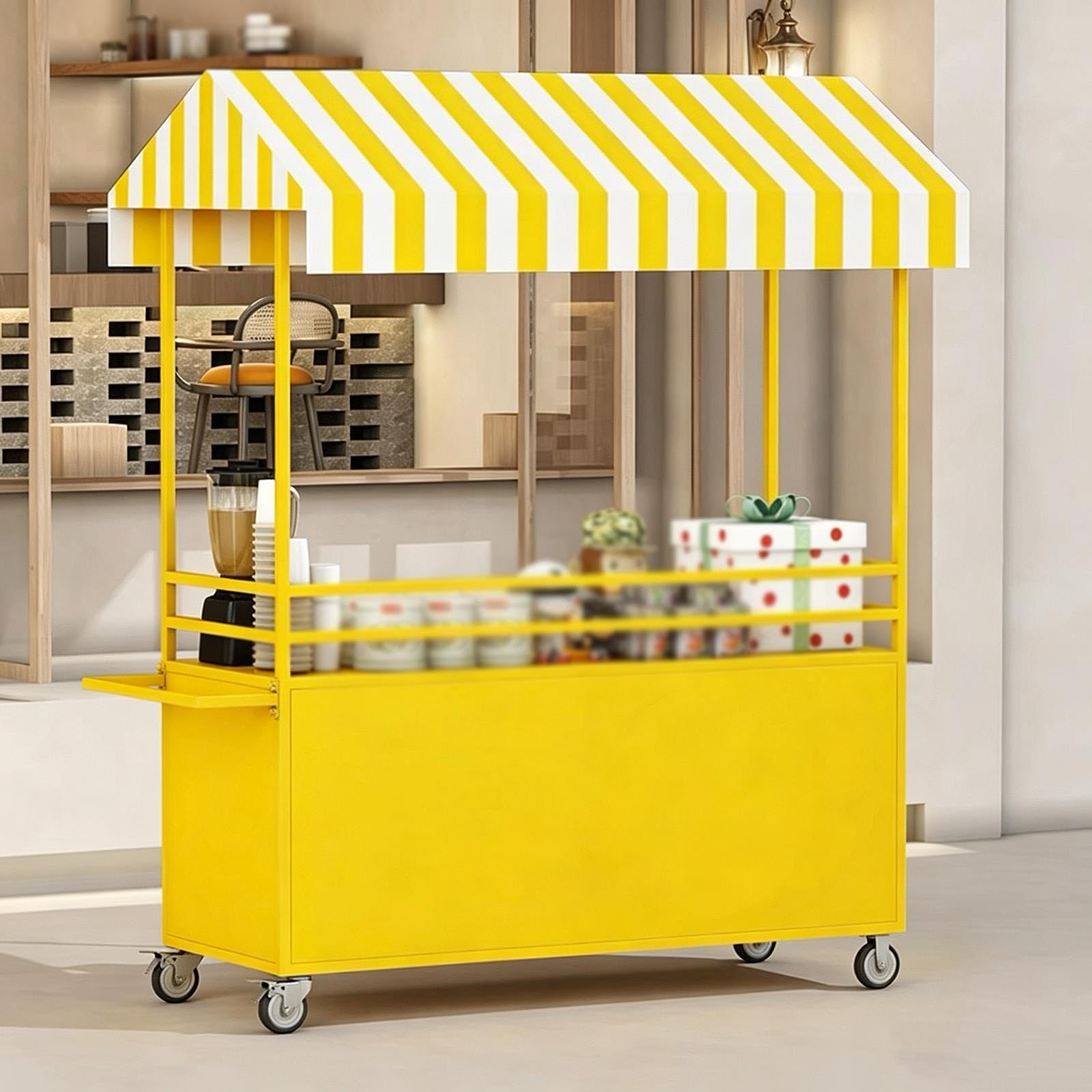 Carrello venditore portatile con tenda, ruote e telaio in ferro