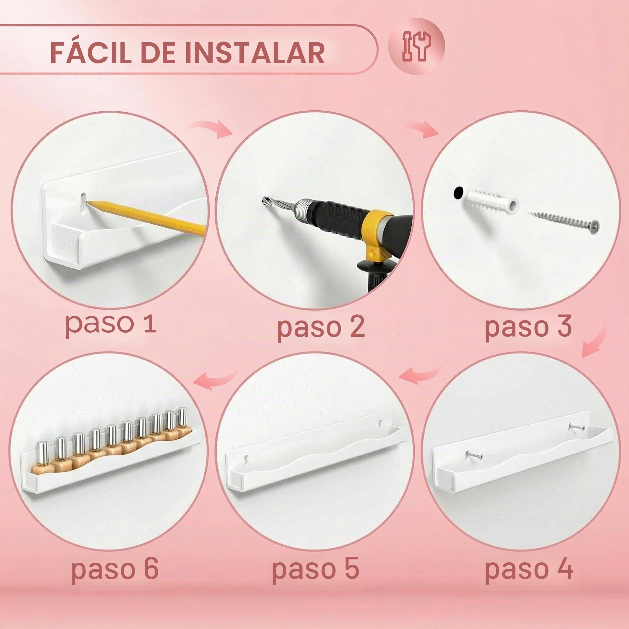 YMVV Estantes de esmalte de uñas de 15 pulgadas, estante montado en la pared, paquete de 6 organizadores de esmalte de uñas acrílico blanco, suministros de uñas para técnicas de uñas, gran exhibición