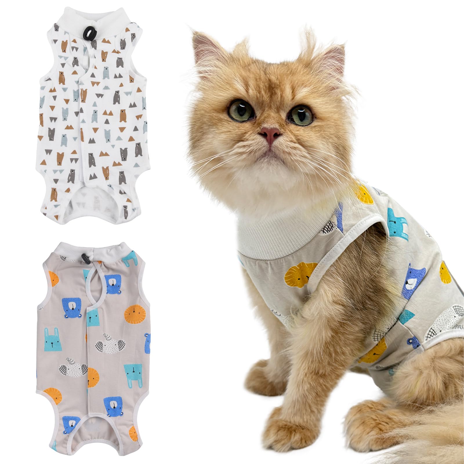2Pcs Recovery Suit Erholungsanzug Kleidung, Haustiere Schutz Kleidung für Katzen, Chirurgischer Genesungsanzug Katzen Erholungsanzug, Operationsgenesungsanzüge für Katzen (Elefanten + Bären, M)