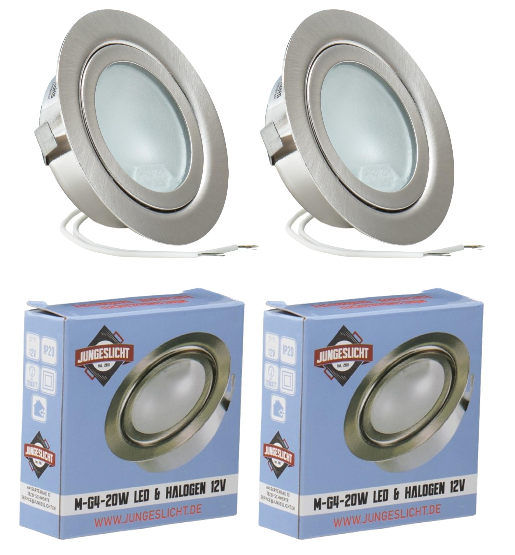 JungesLicht - Möbeleinbauleuchte 12V G4 20W, Bohrloch 55-60mm passend, Tiefe 23mm, Außen 73mm, gebürstet, (Halogen Leuchtmittel inklusive, LED geeignet), dimmbar, Möbelleuchte, Spiegelleuchte, 2 Stück