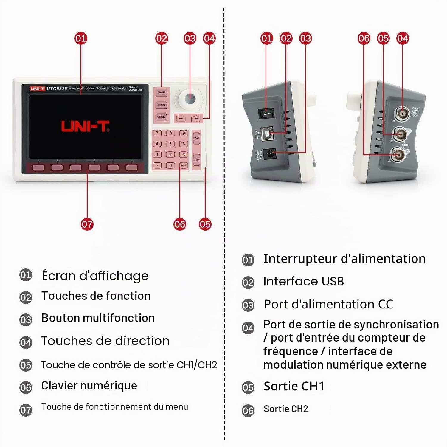 UNI-T Générateur de fonctions 30 MHz, UTG932E - Générateur de forme d'onde arbitraire - 2 canaux, 200 MSa/s, résolution verticale 14 bits - Blanc et Gris