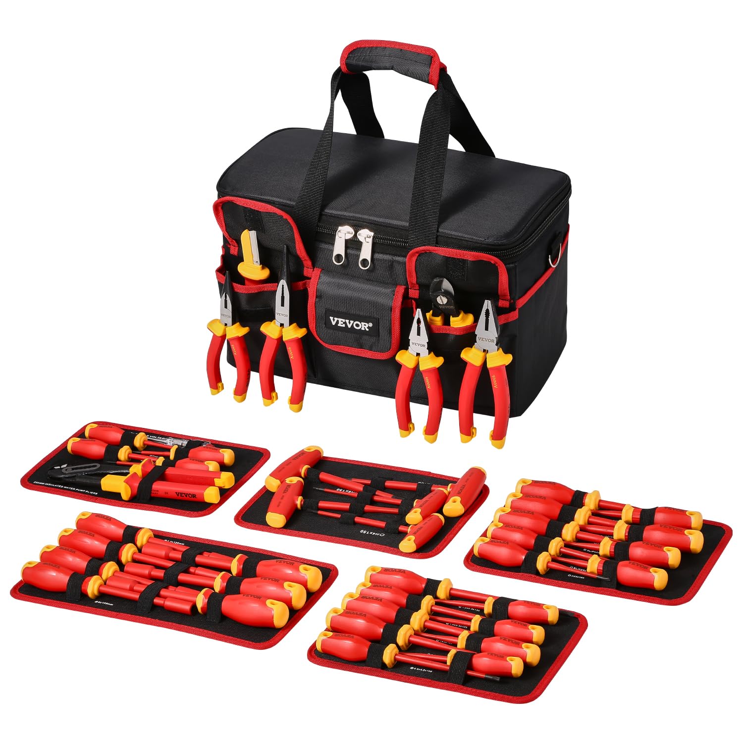 VEVOR isoliertes Schraubendreher Set, 50 tlg. professionelles elektrisches 1000 V Elektrikerwerkzeug mit magnetischen Spitzen, T-Griff-Sechskantschlüssel, Schraubendreher, einpoliger Spannungsprüfer