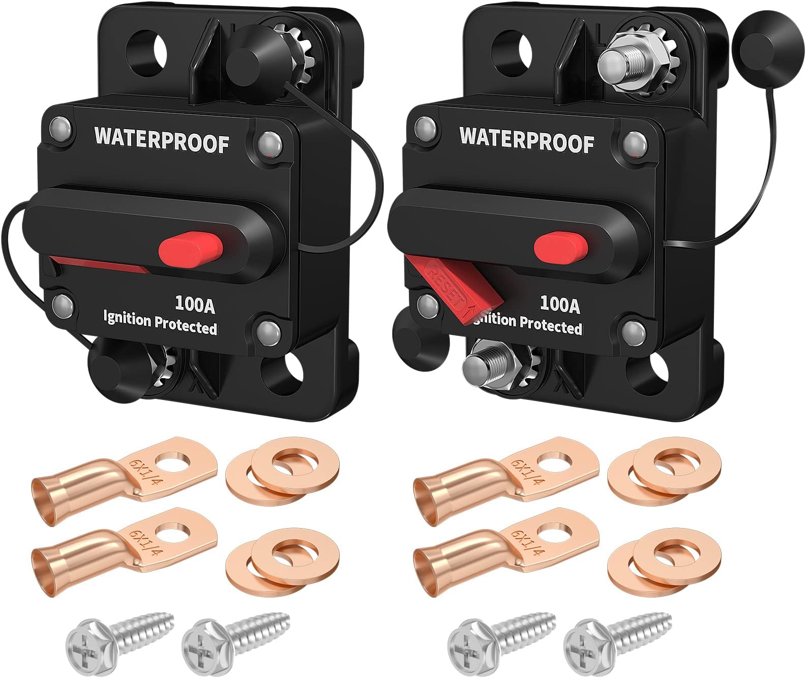 100 Amp Circuit Breaker 12V - 48V, DC 12 Volt Circuit Breaker 100A Inline with Manual Reset Waterproof for Marine Boat Trolling Automotive Car RV ATV Audio-2Pack