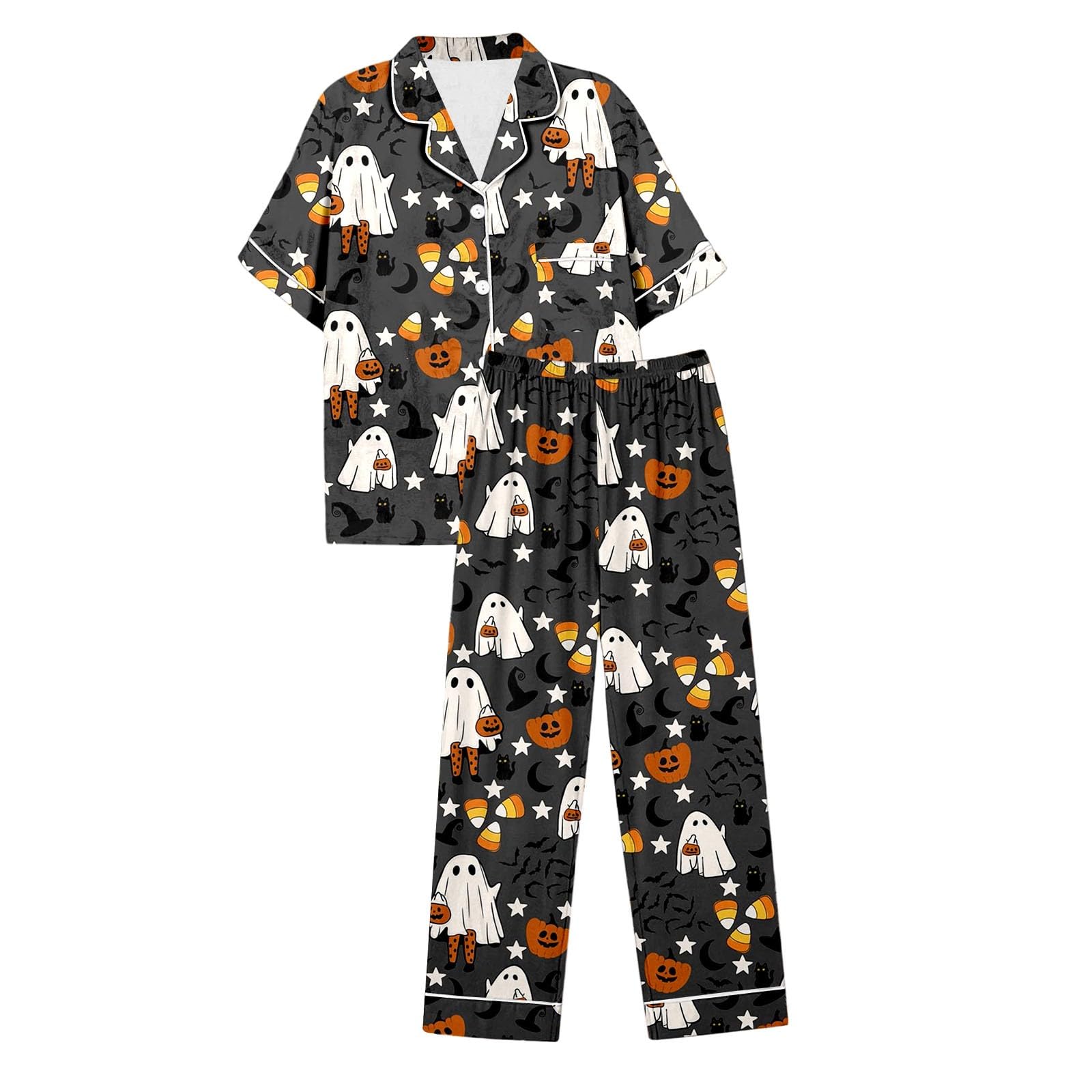 Genérico Conjuntos Pijama Mujer Halloween Satén Seda Manga Corta Abotonado Pantalones Cortos Ropa Dormir Cómoda Elegante Otoño Invierno