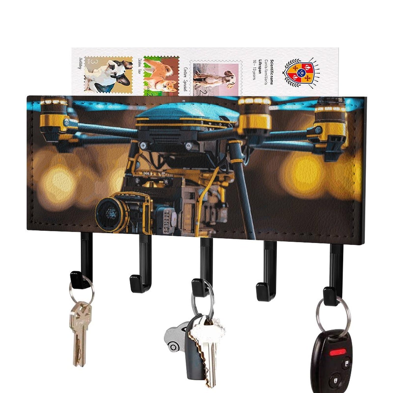 Fekiloot Black Drone Key Holder For Wall Adhesive, No Drilling, Key Hooks With 5 Hooks Wall Mounted, Self Adhesive Keys Rack For Entryway, Hallway, Living Room, Kitchen, Office