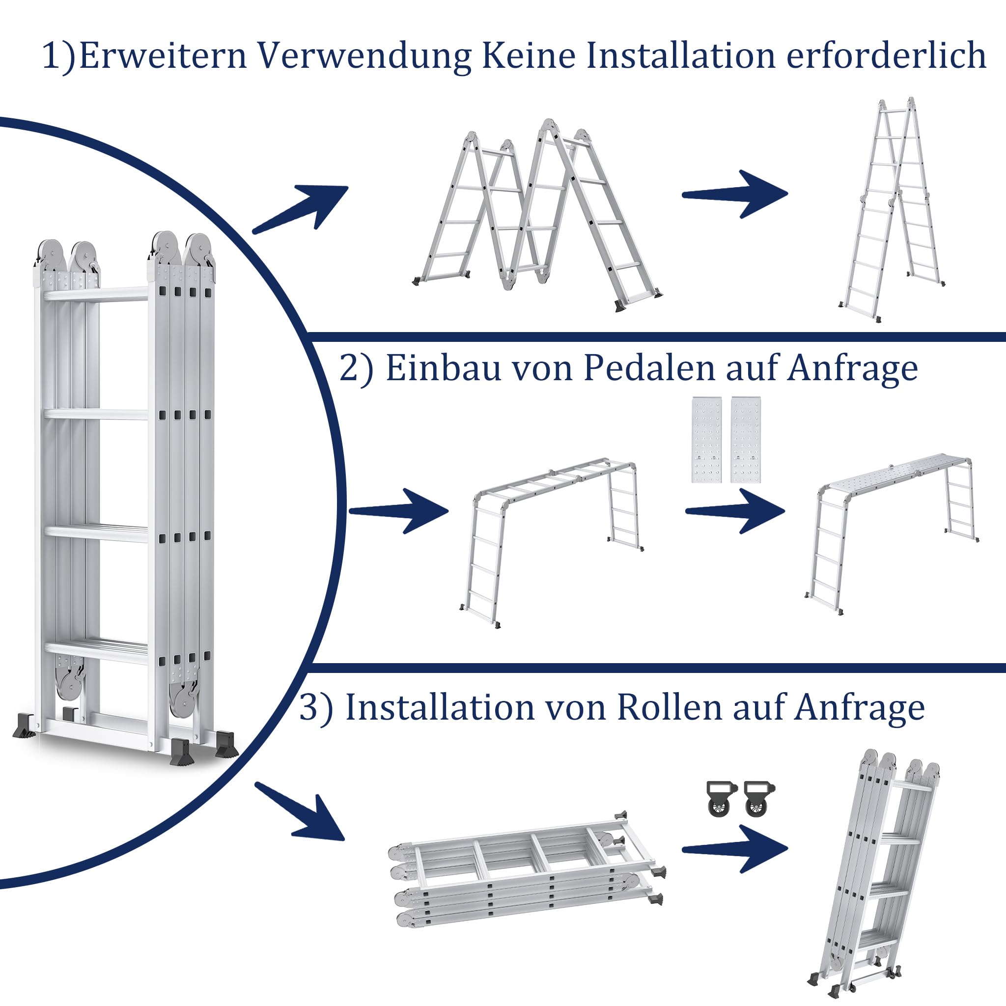 Aufun Échelle télescopique multifonction 6 en 1 en aluminium 4 x 3 marches | Avec plateforme, capacité de charge maximale de 150 kg, échelle coulissante, échelle pliante avec plaques d'échafaudage